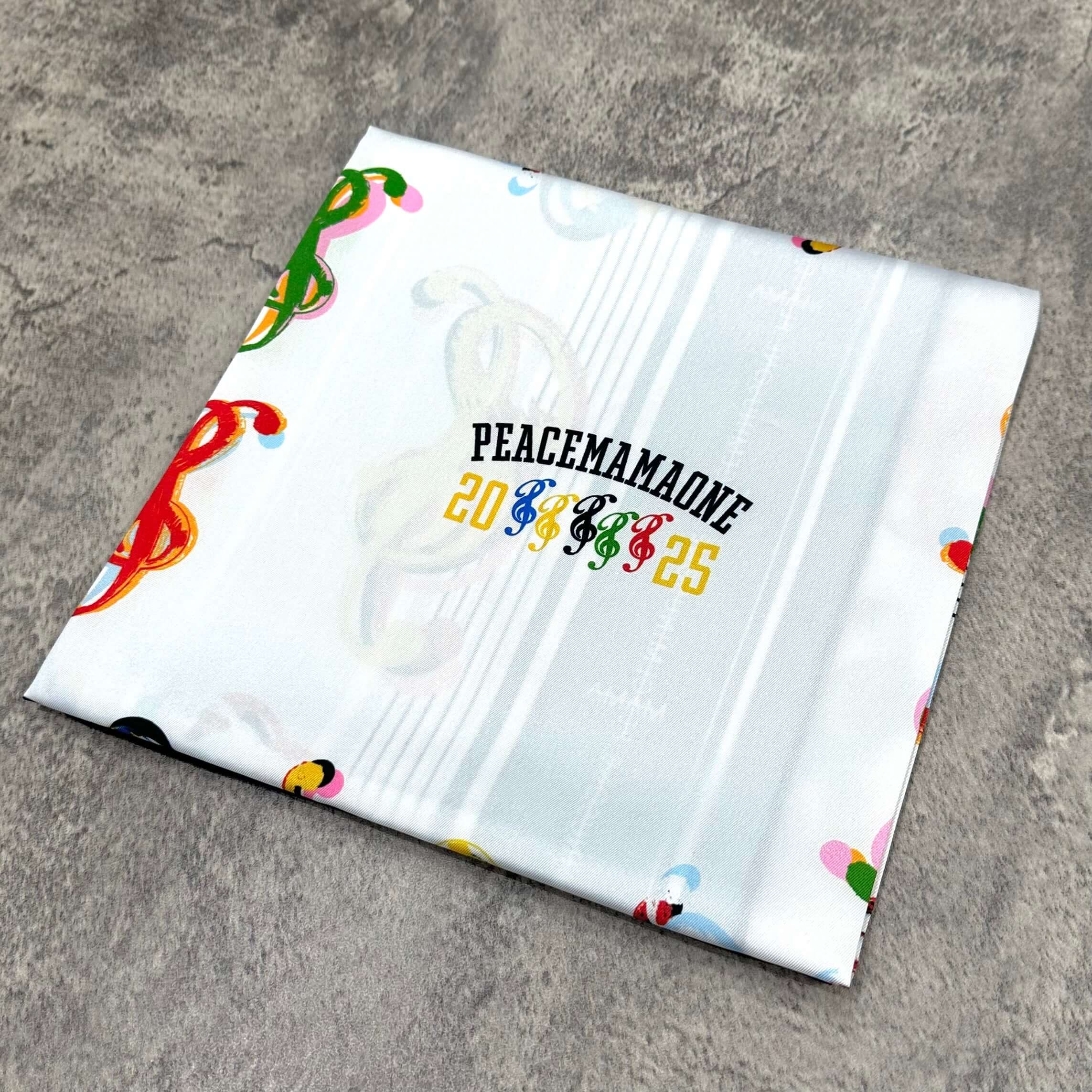 現貨 Peaceminusone G Dragon x 2025 MAMA Awards Scarf，展示印有PEACEMAMAONE字樣的圍巾。