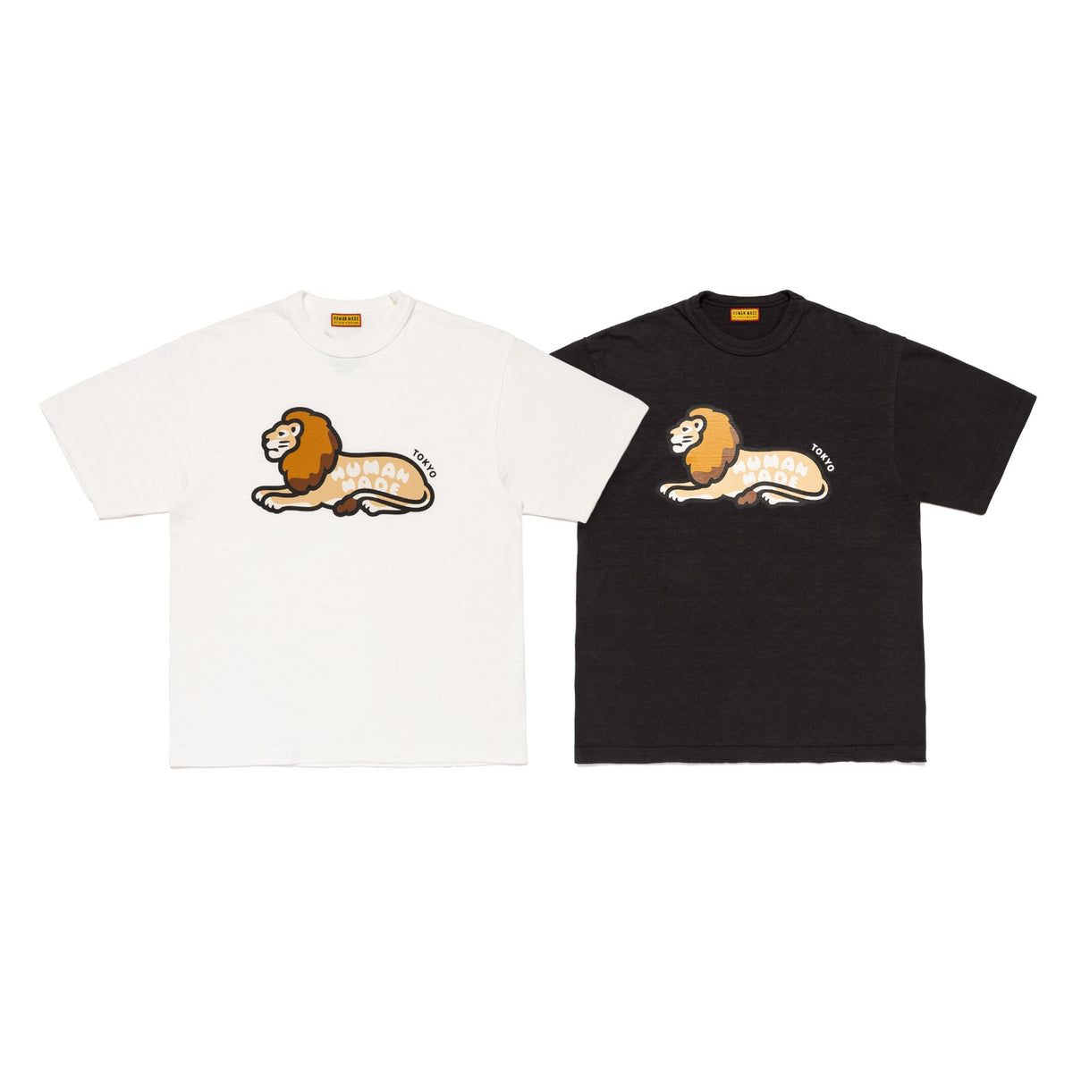 HUMAN MADE TOKYO Flagship Store Collection T-shirts in white and black featuring a lion graphic.