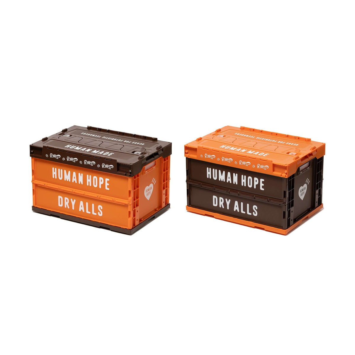 Image of two Human Hope Container 50L in orange and black, labeled 'HUMAN HOPE DRY ALLS'.