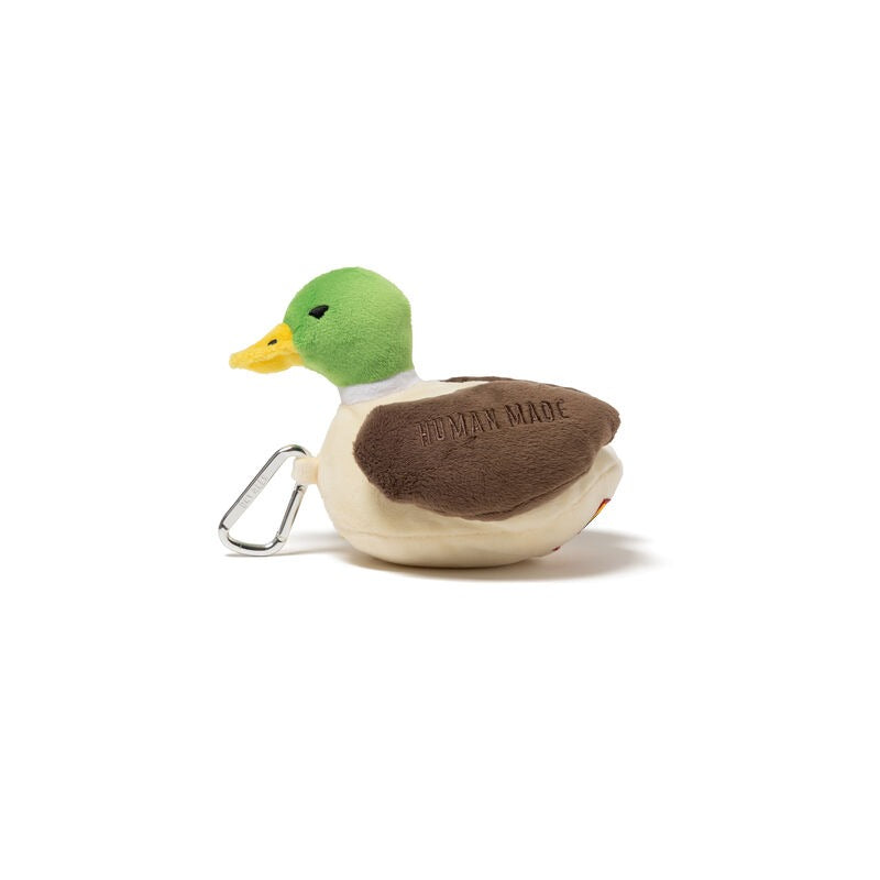 Human Made Duck Plush Pouch with green and brown design featuring a carabiner clip.