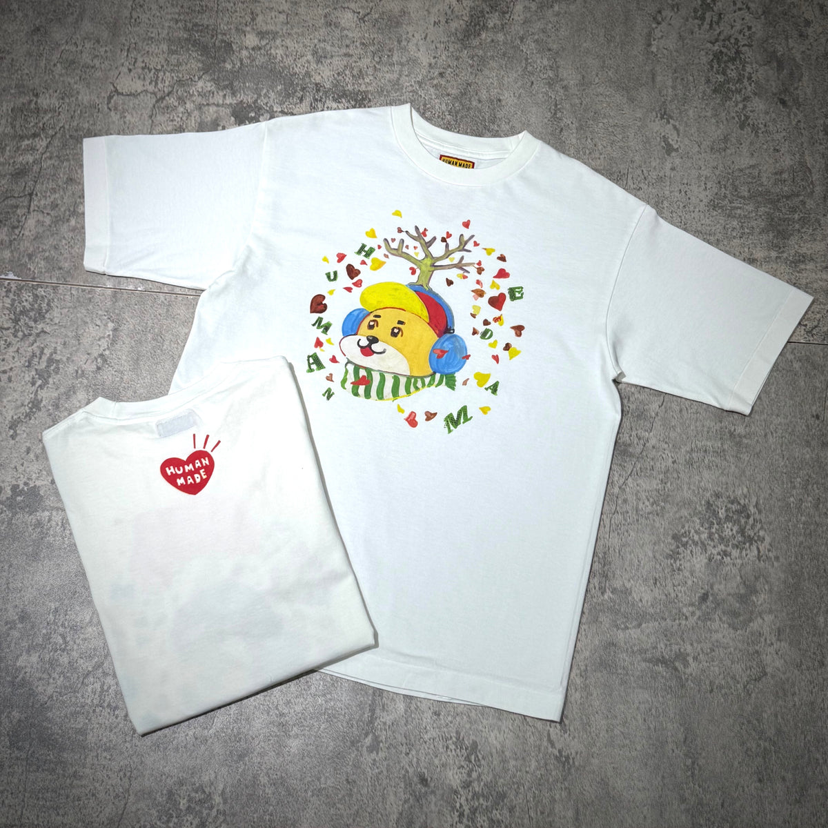 Human Made Keiko Sootome tee featuring playful graphic design on a white shirt, front and back view.
