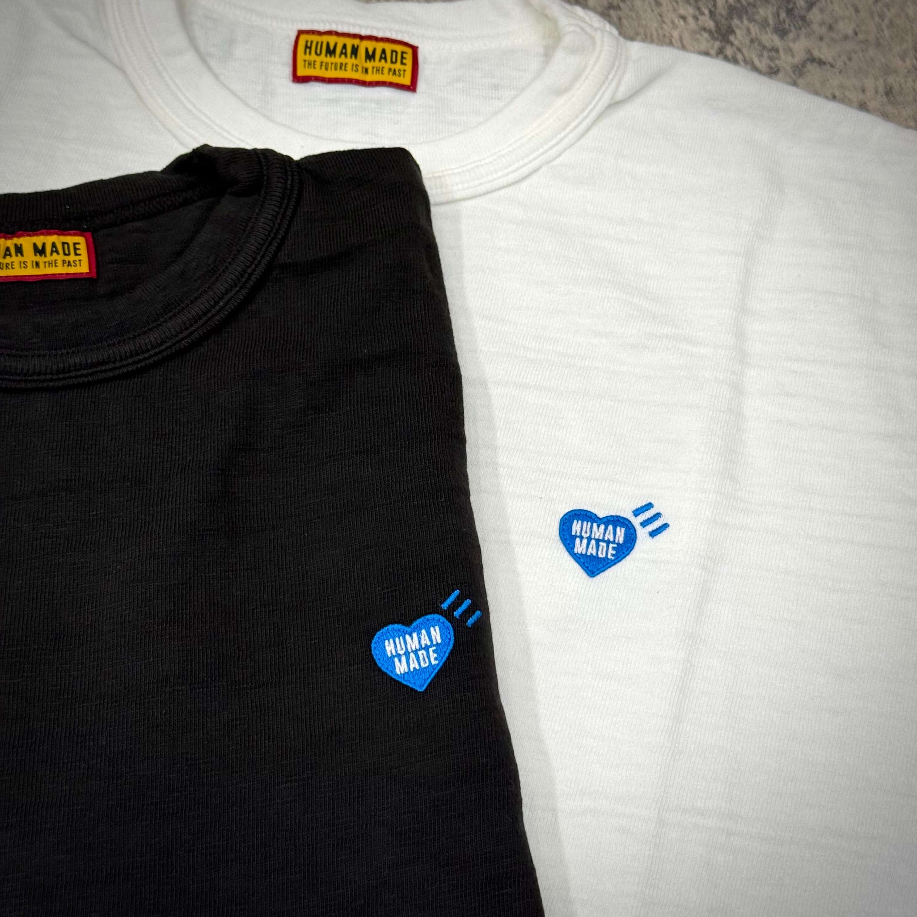 Human Made Gaien offline Exclusive Bull Dog Back Logo Tee in black and white with heart logo.