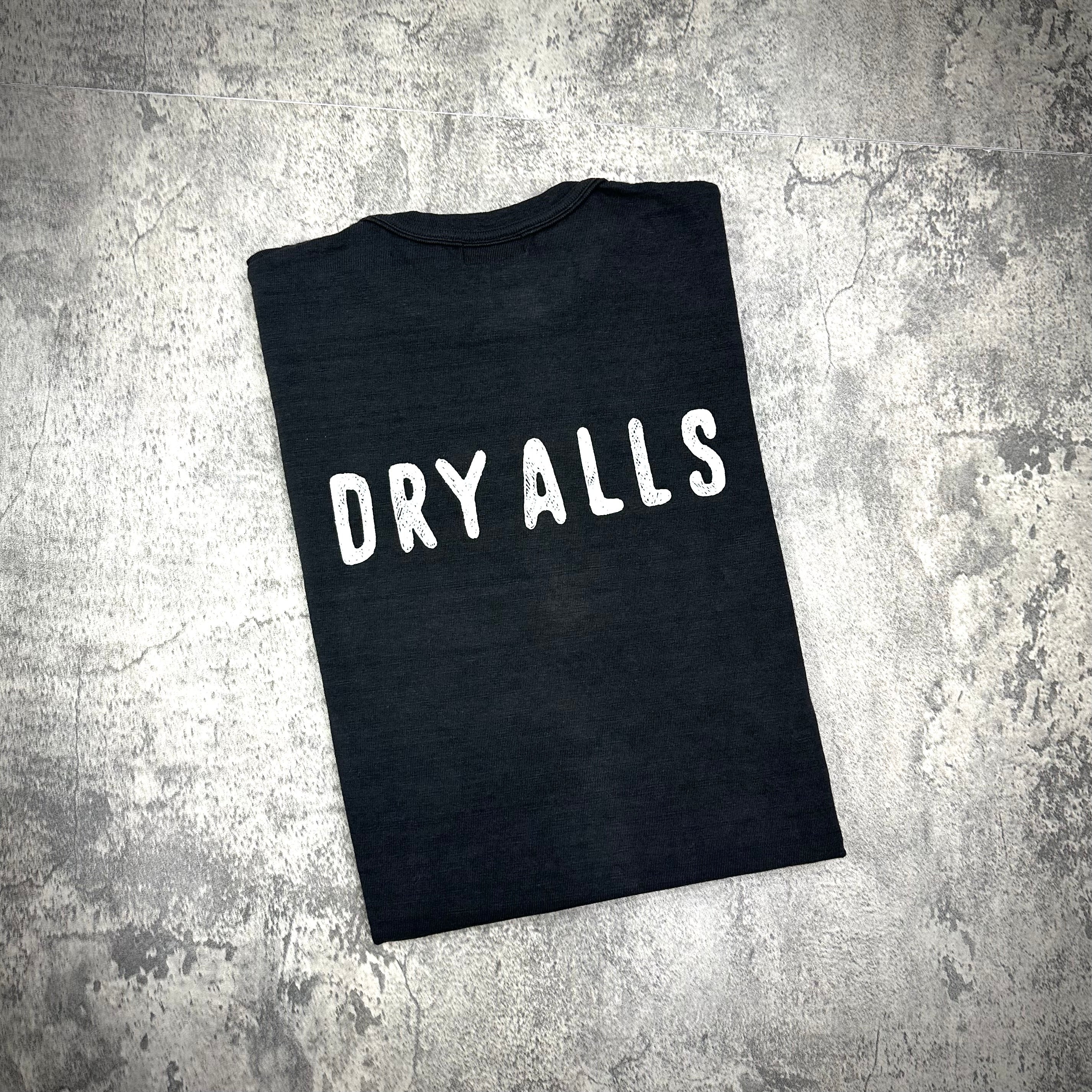 Black t-shirt with the text 'DRY ALLS' displayed prominently on the front.