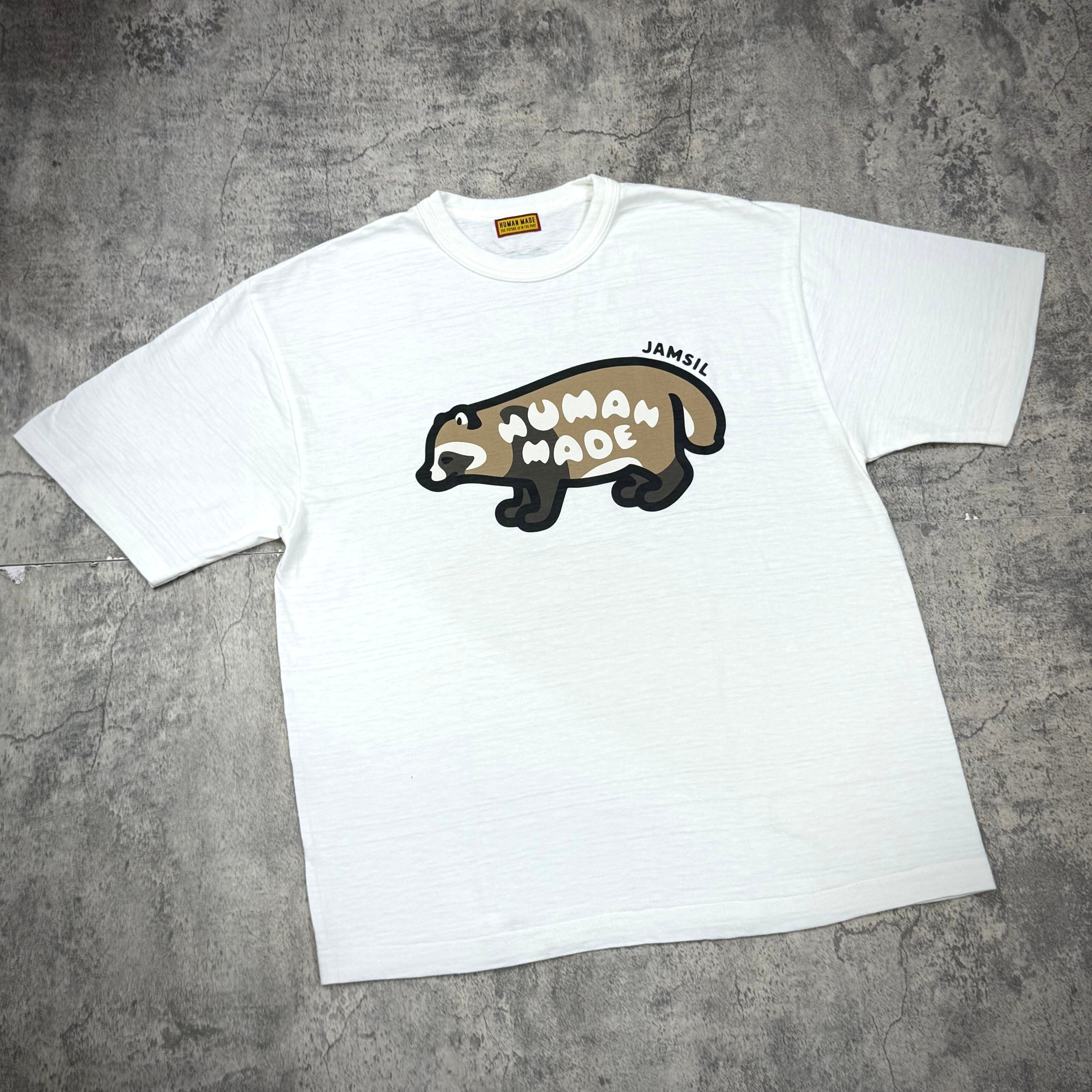 Human Made Jamsil Exclusive Raccon Tee featuring a raccoon graphic and the brand name on a white t-shirt.