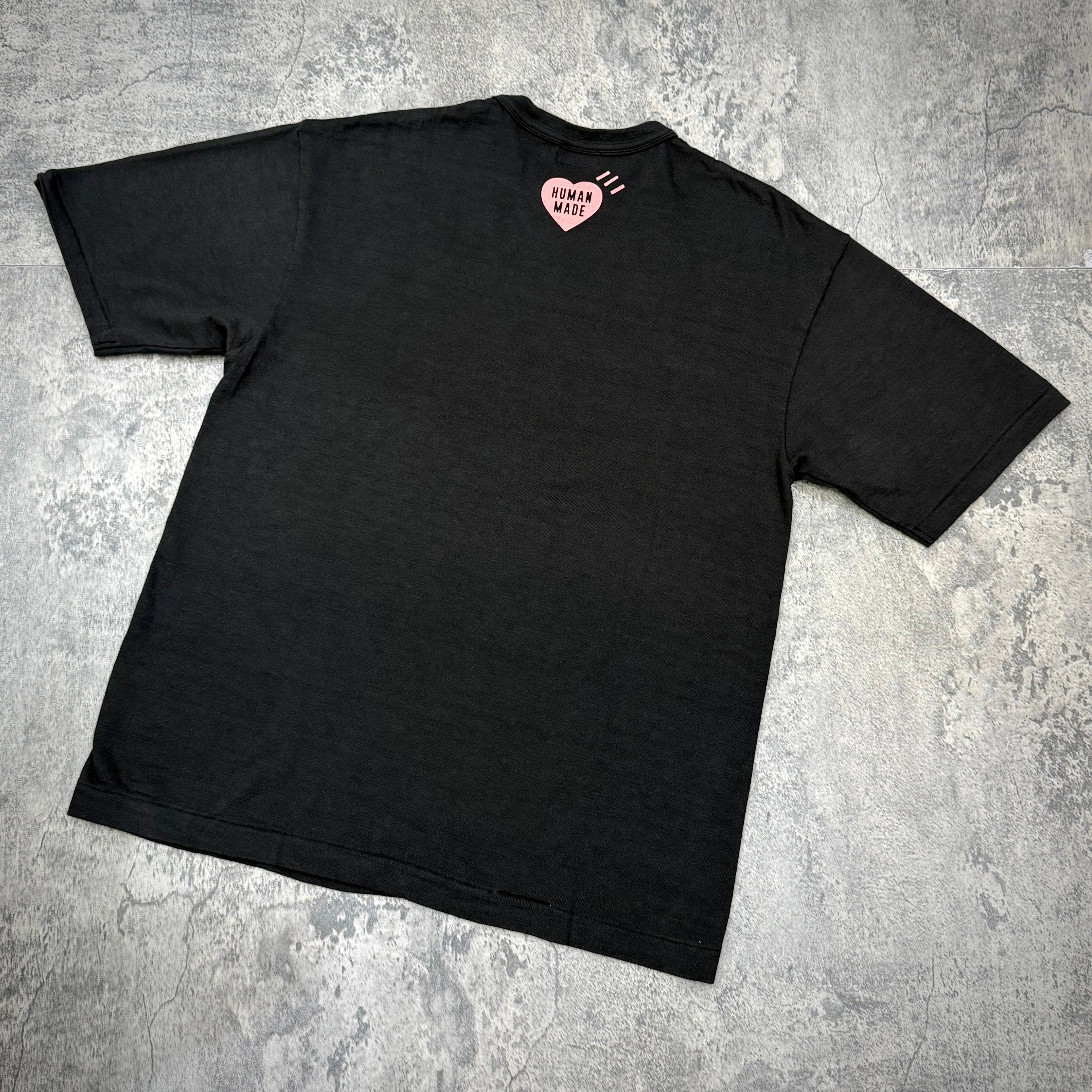 Back view of the Human Made Seoul Exclusive Jindo Dog Tee featuring heart logo and unique design.