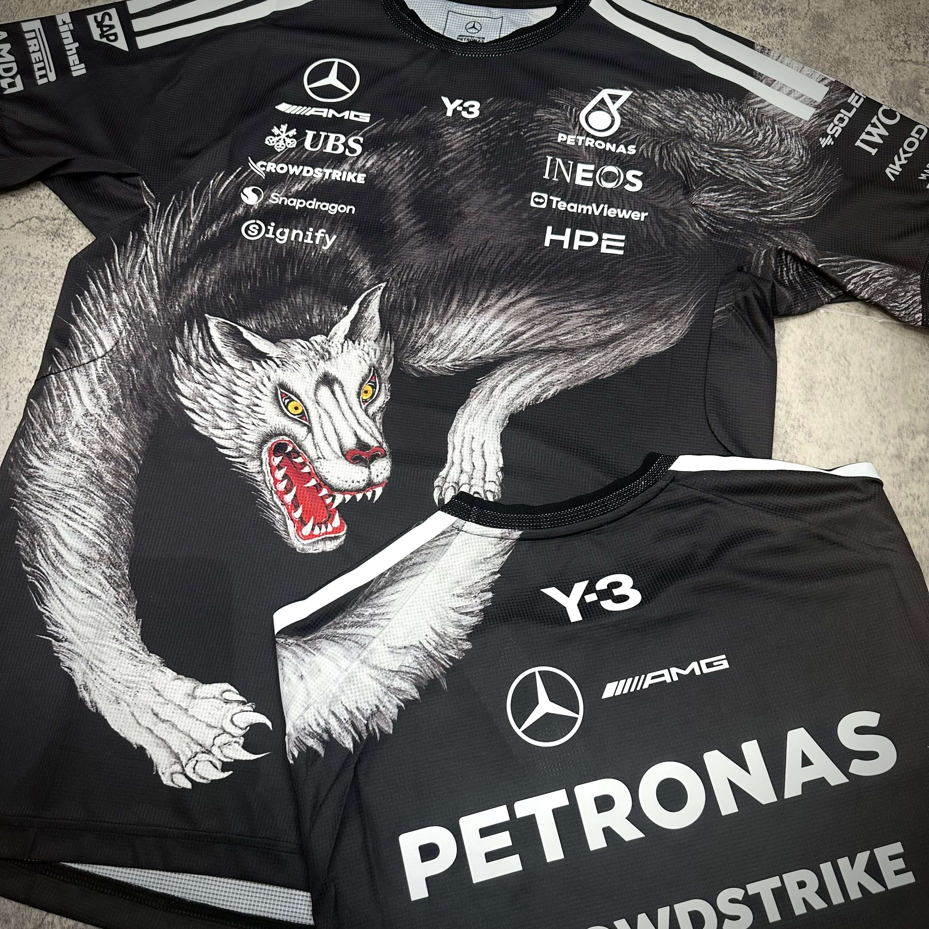Y-3 x Mercedes AMG Petronas F1 Driver Jersey featuring a bold wolf graphic design.