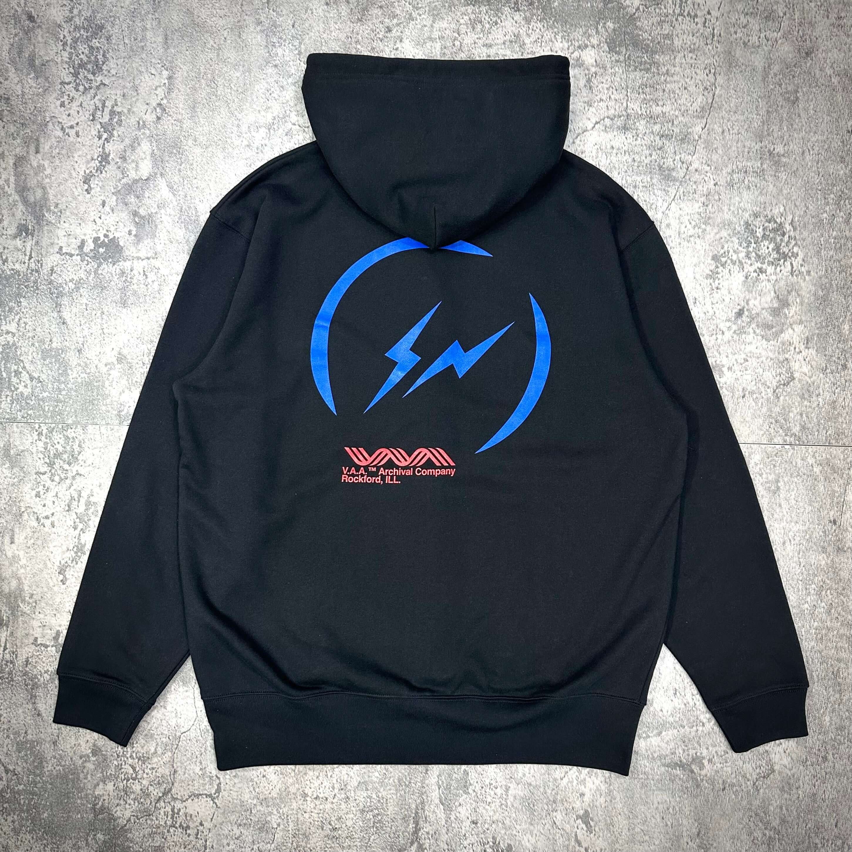 Fragment Design x Virgil Abloh Archive Logo Zip Hoodie (VA Tokyo Exclusive) back view with blue graphics on black fabric.
