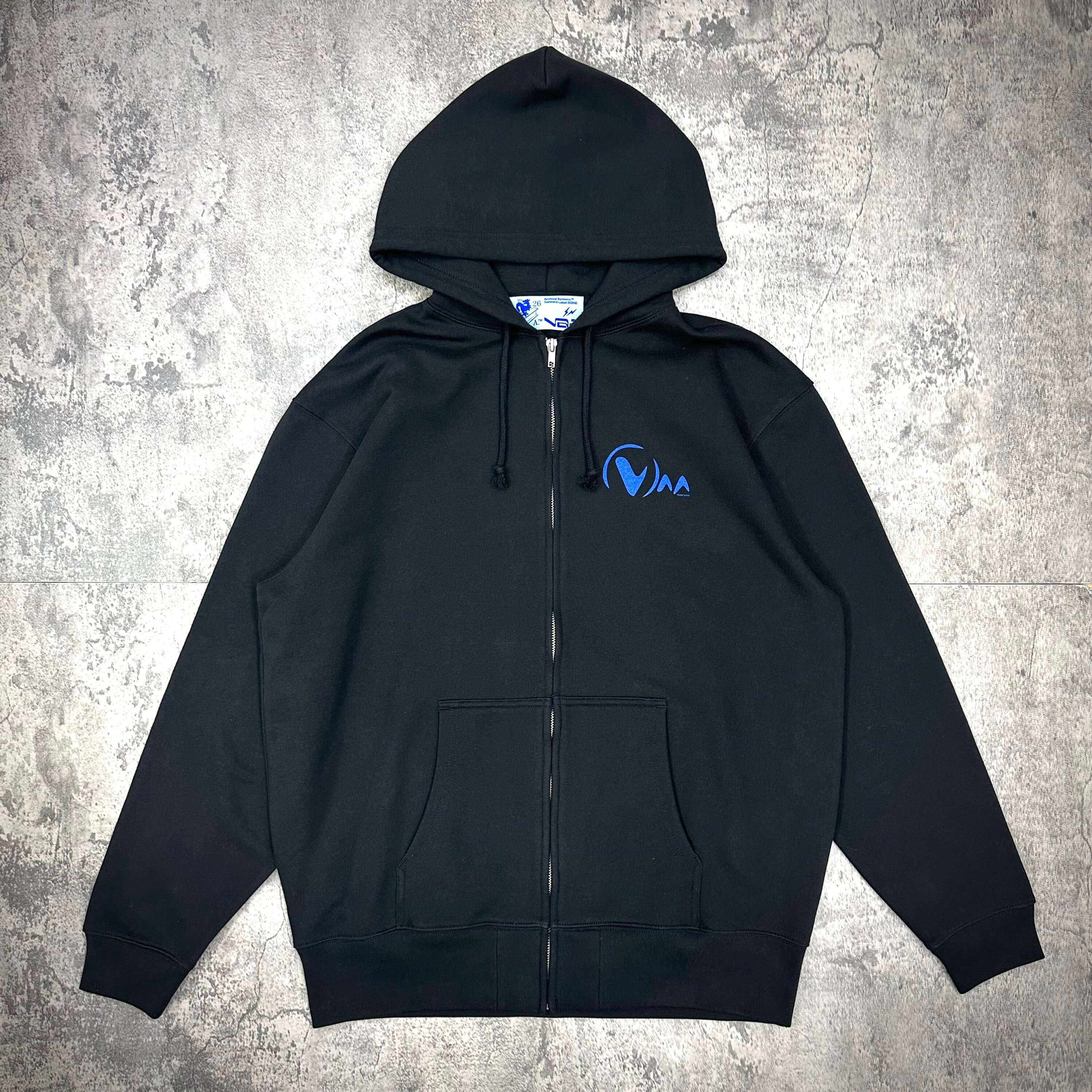 Fragment Design x Virgil Abloh Archive Logo Zip Hoodie (VA Tokyo Exclusive) in black with blue logo