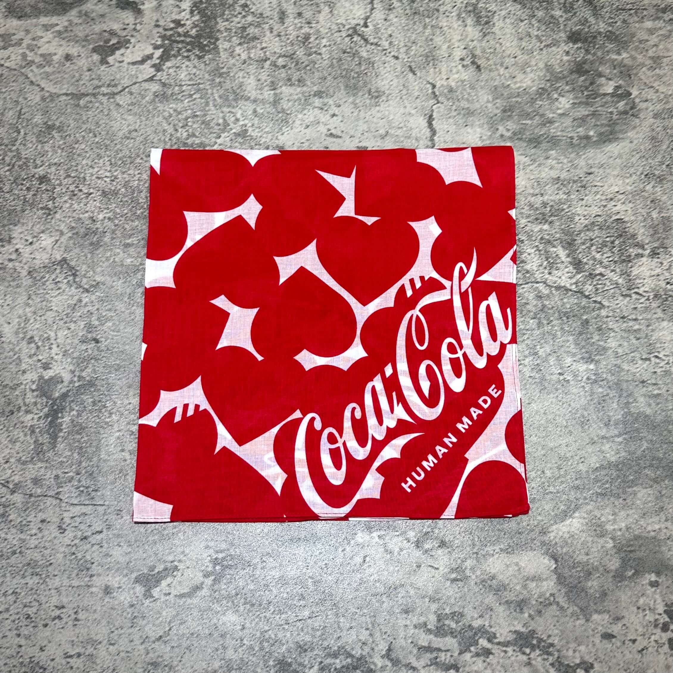 Human Made Coca Cola Bandana featuring bold red hearts and the iconic Coca Cola logo.