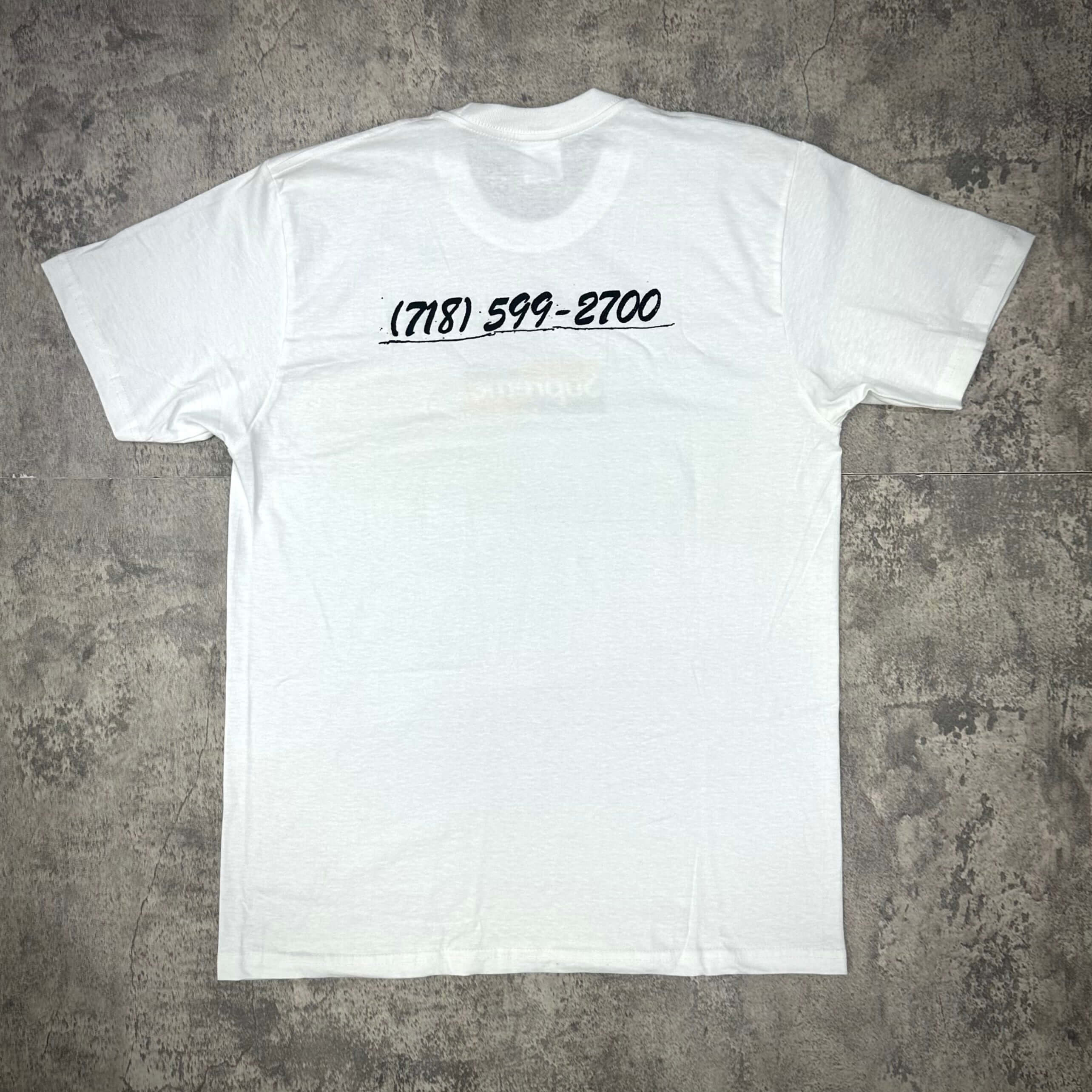 Back view of Supreme Brooklyn Box Logo Tee - White featuring phone number design (718) 599-2700.