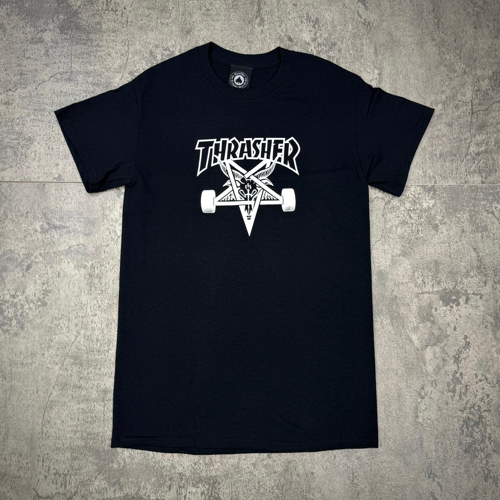 Thrasher Skate Goat Tee - Black / White featuring a black t-shirt with white Thrasher logo and graphic design.