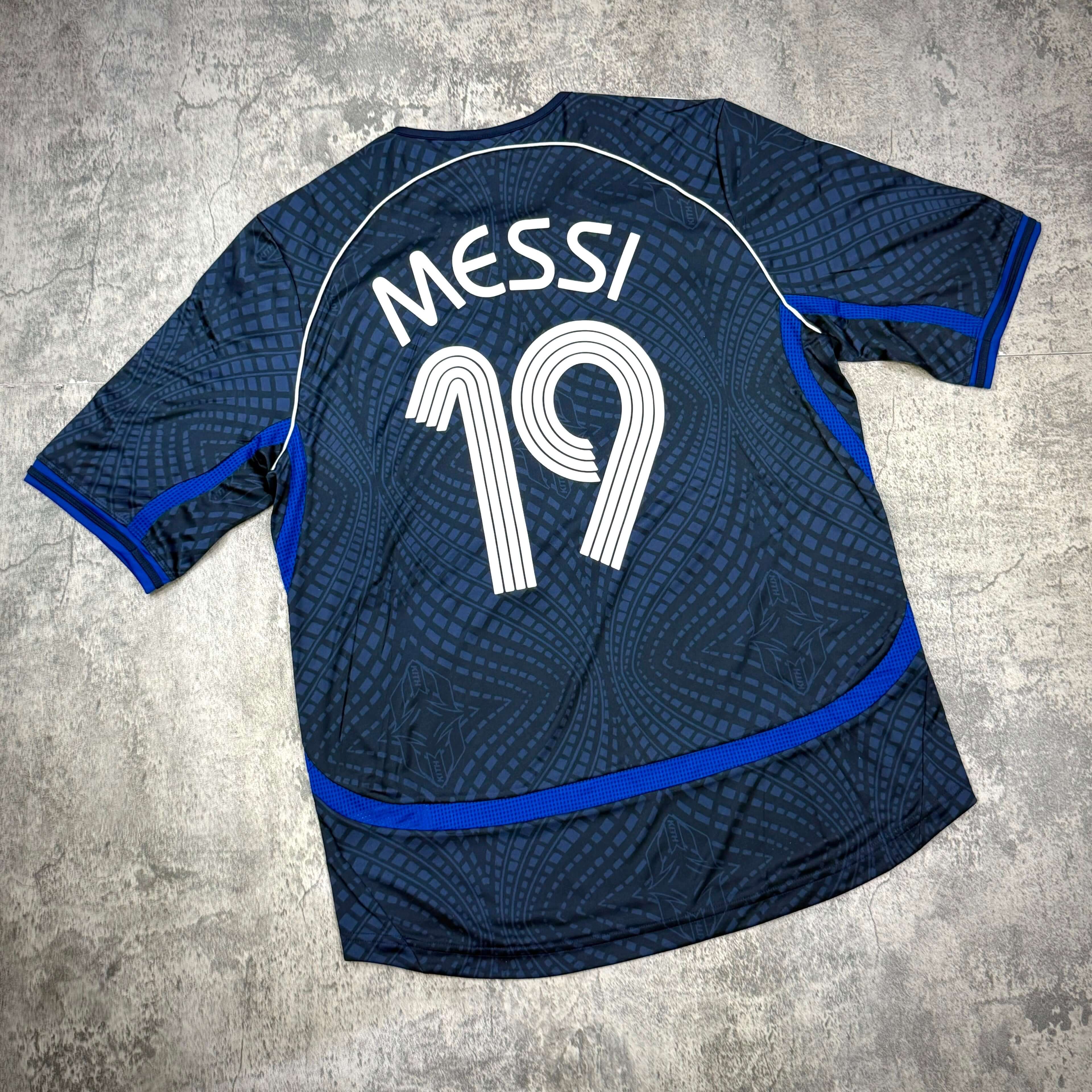KITH x MESSI for adidas Football Jersey - Night Navy, featuring Messi's name and number 19 on the back.