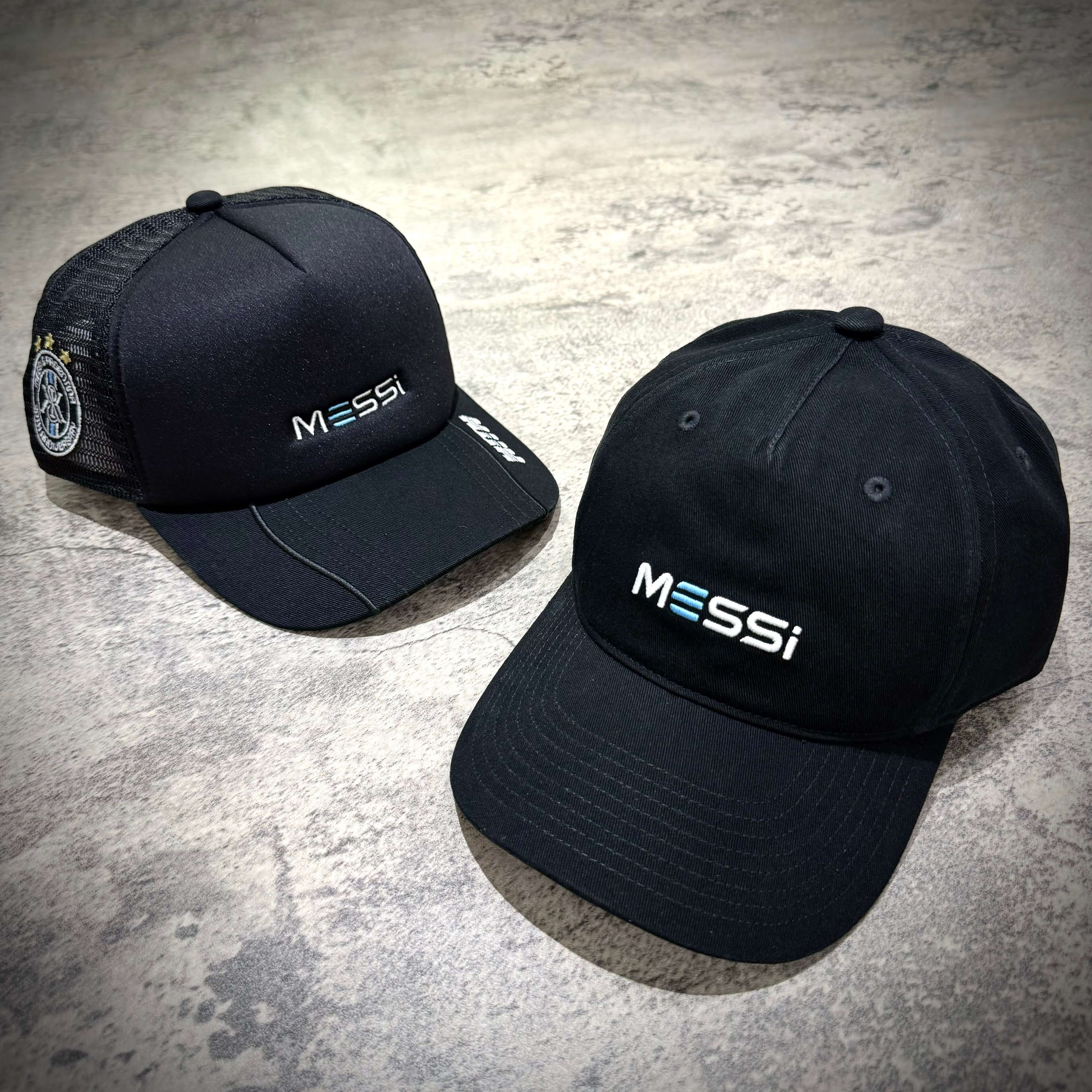 KITH x MESSI for adidas Football Trcuker Hat / 6 Panel Cap displayed in black, showcasing brand logo.