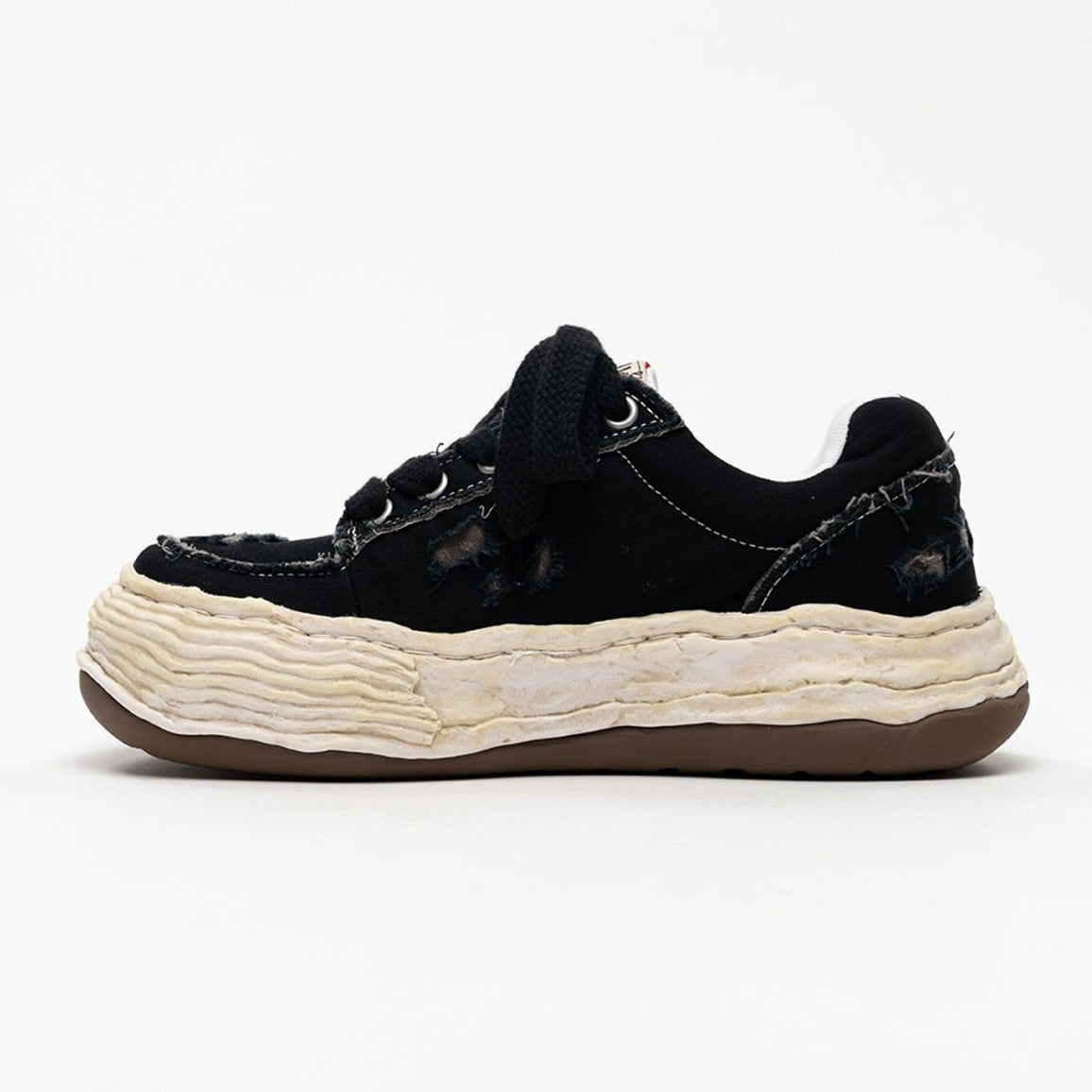 MMY Oliver Ripping Canvas Low - Black A17FW711 side view featuring unique distressed details and chunky sole.