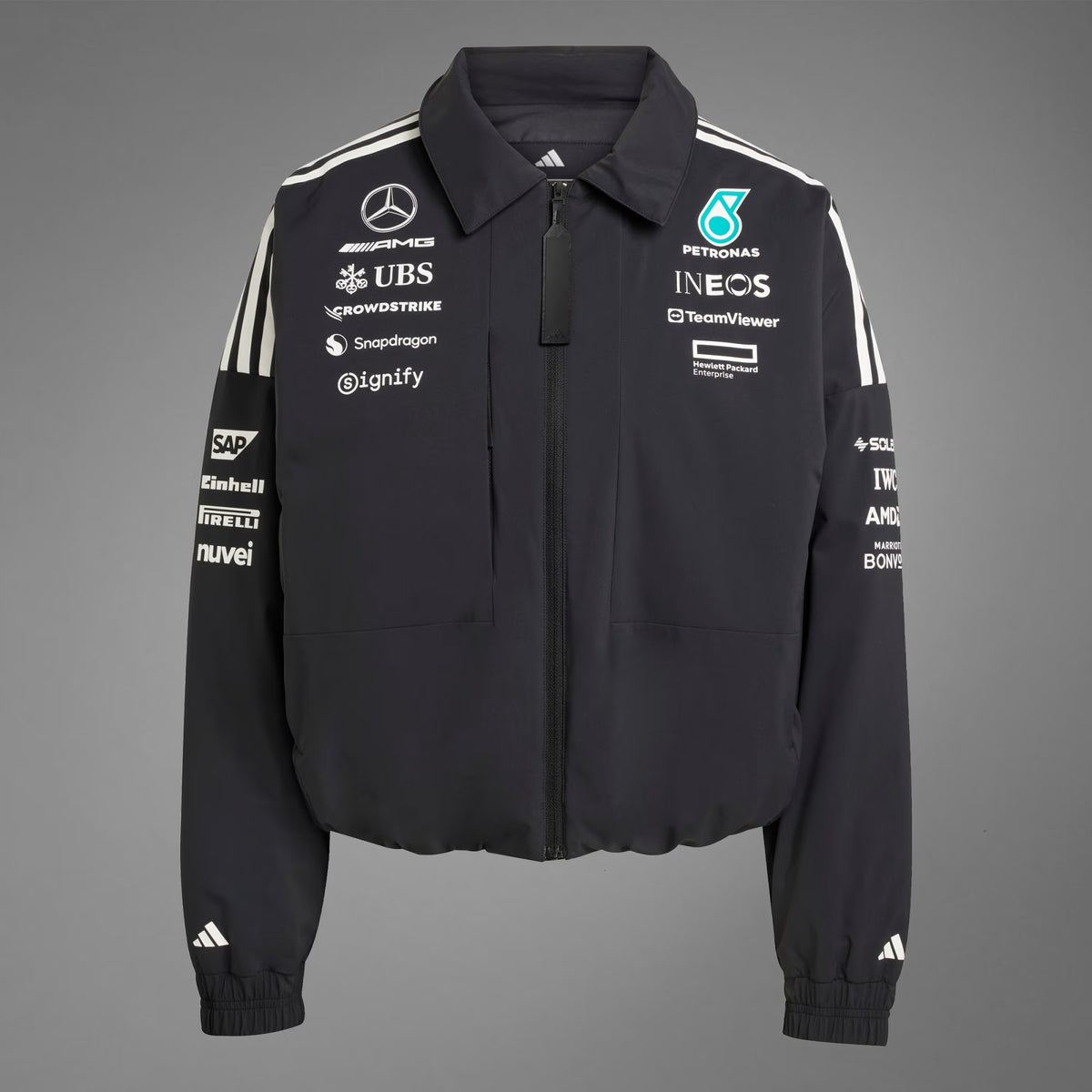 Adidas x Mercedes AMG Petronas 2025 F1 Team Jacket JX0751 (Women) displayed on a gray background.
