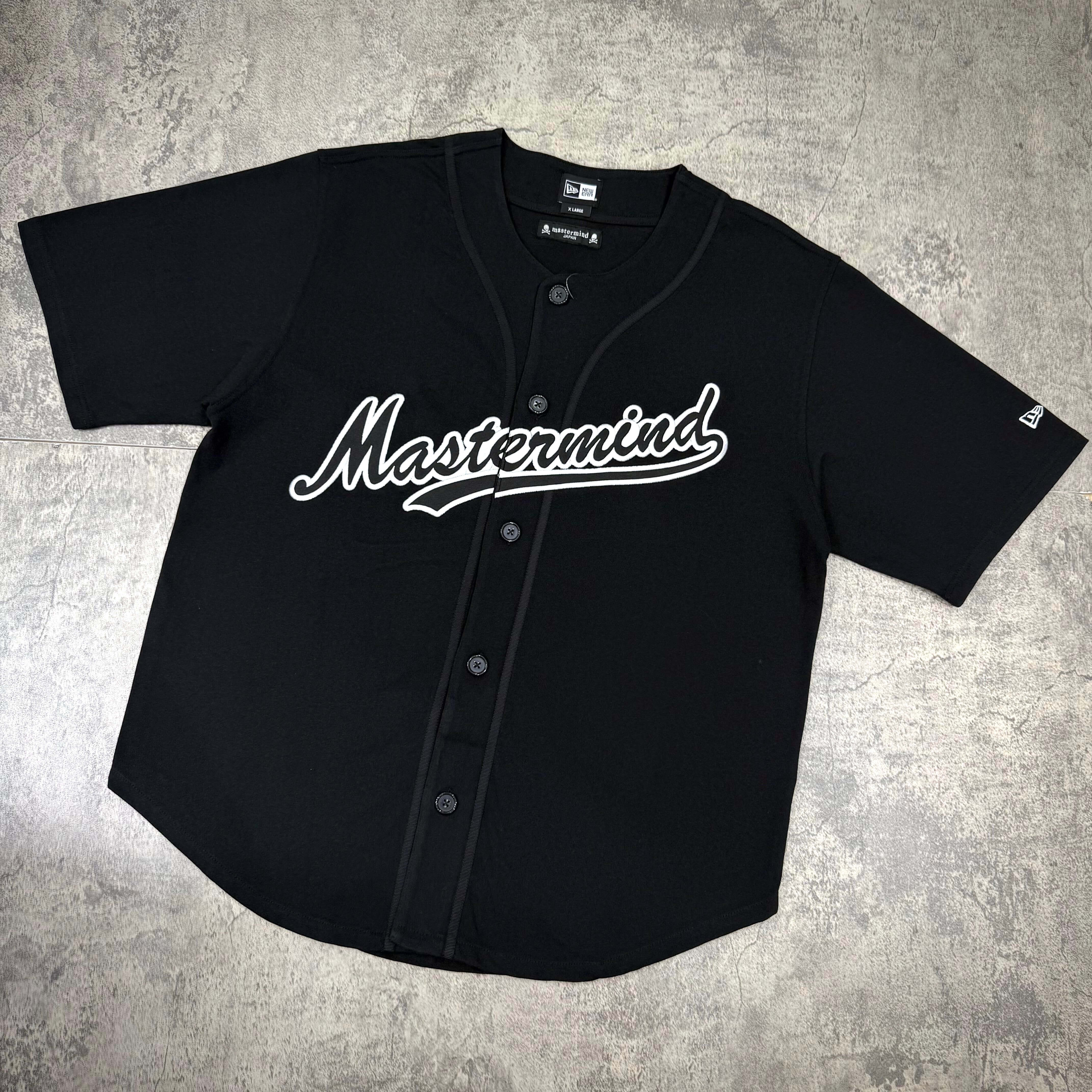 New Era x Mastermind Japan Script Logo Baseball Shirt in black with white logo on front