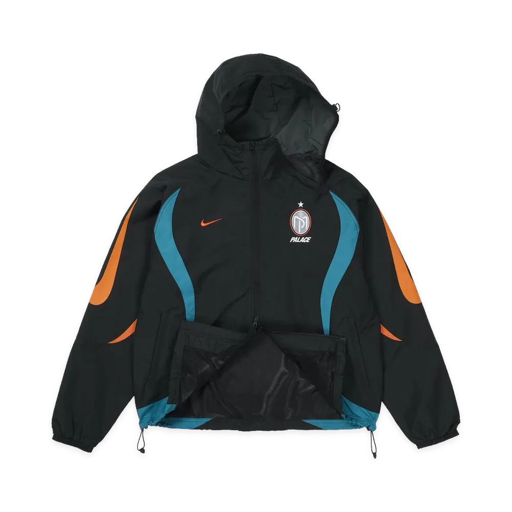 Palace x Nike Manor Place Jacket featuring a black design with orange and teal accents and a hood.