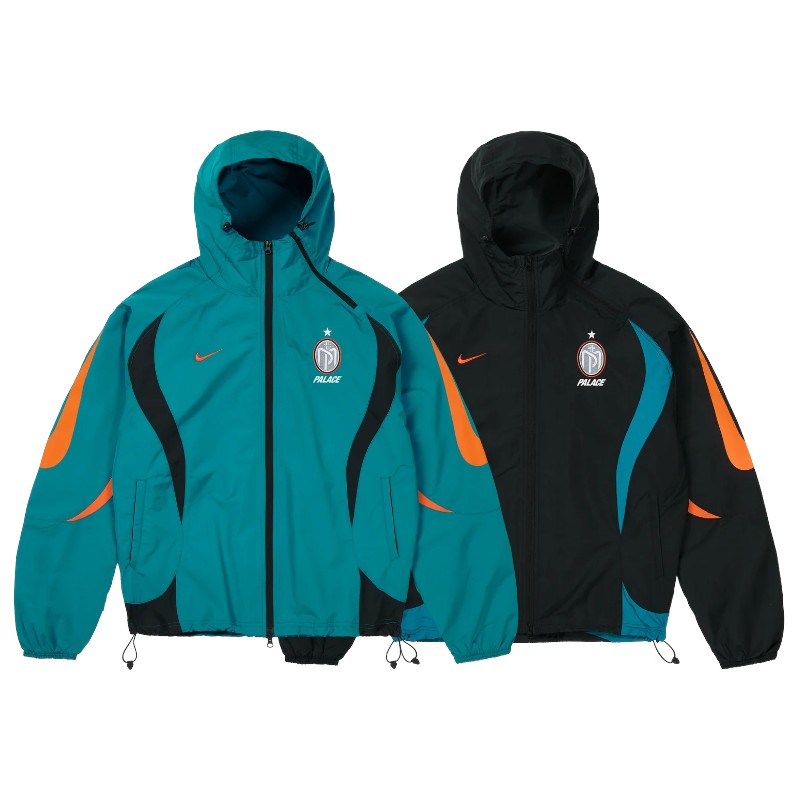 Palace x Nike Manor Place Jacket in turquoise and black colorways, showcasing vibrant design and stylish branding.