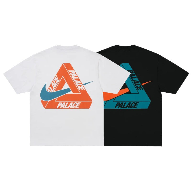 Palace x Nike Tri-Swoosh Tee featuring a unique tri-color design in white and black, showcasing the Palace logo and Swoosh.