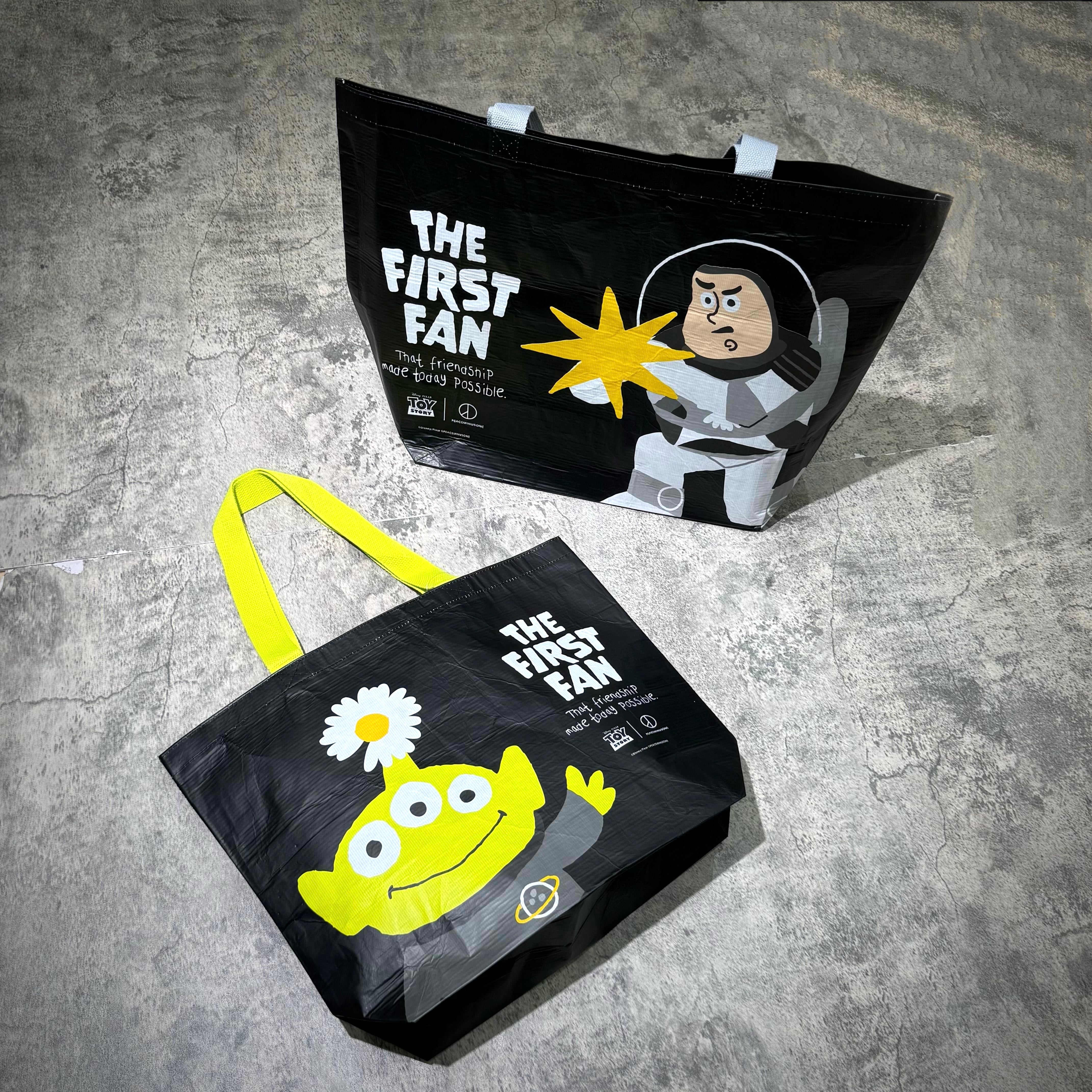 PEACEMINUSONE x Toy Story The First Fan - Reusable Bag designs featuring iconic characters and vibrant colors.