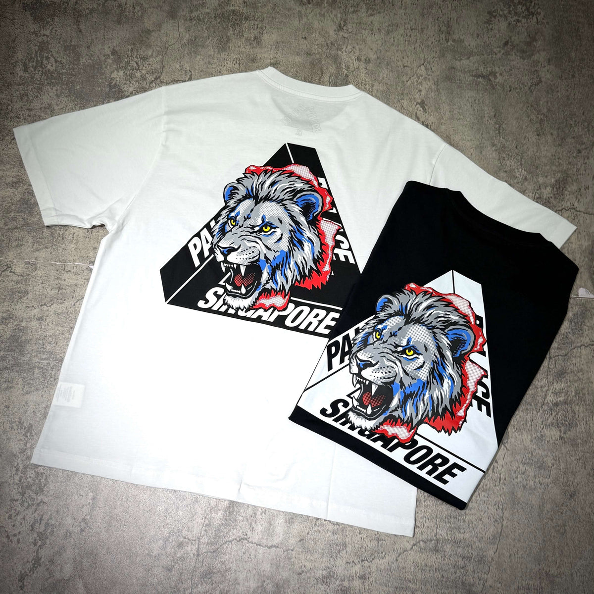 Palace Singapore Tri-Ferg Tee featuring white and black t-shirts with lion graphic design.