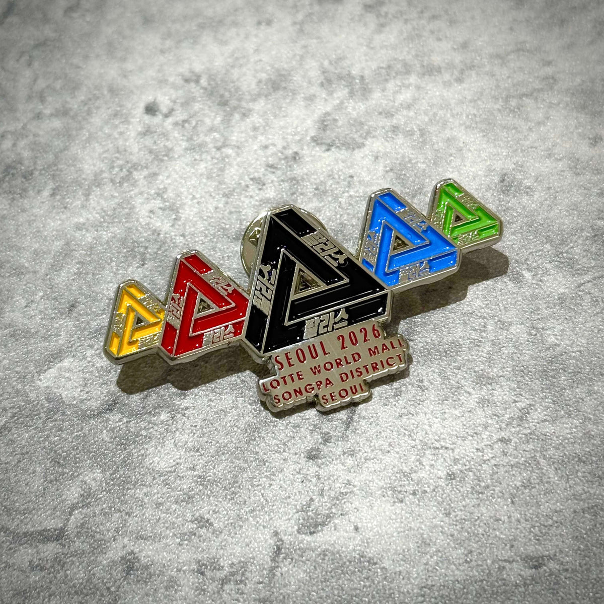 Palace Jamsil Exclusive Accessories enamel pin featuring colorful geometric designs and a Seoul 2026 inscription.