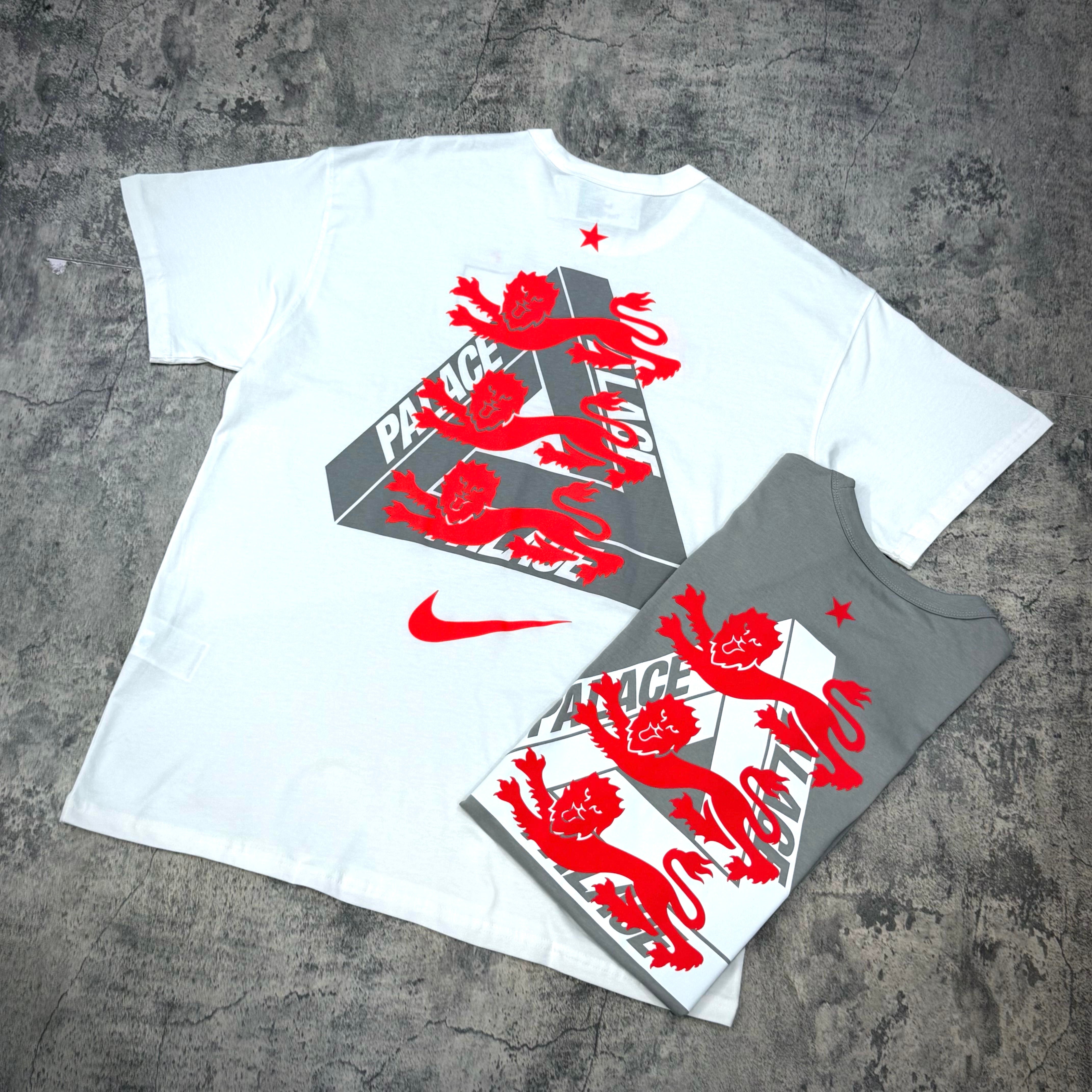 Palace x Nike England Tee featuring white and grey colorways with lion graphics and Palace branding.