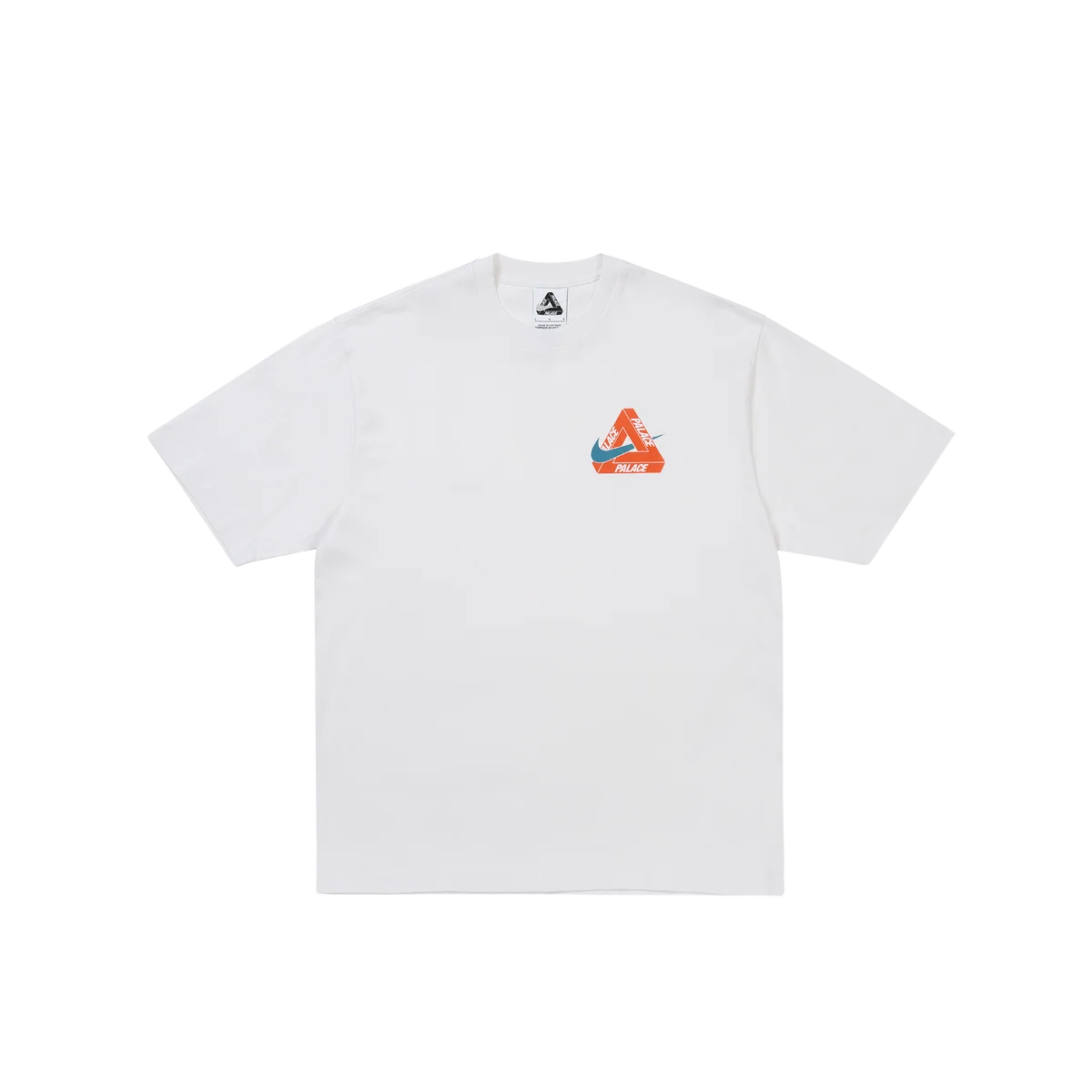 Palace x Nike Tri-Swoosh Tee in white with a colorful logo on the chest.