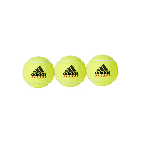 Palace x adidas Tennis Balls displayed in a pack of three, featuring bright yellow color and branded logos.