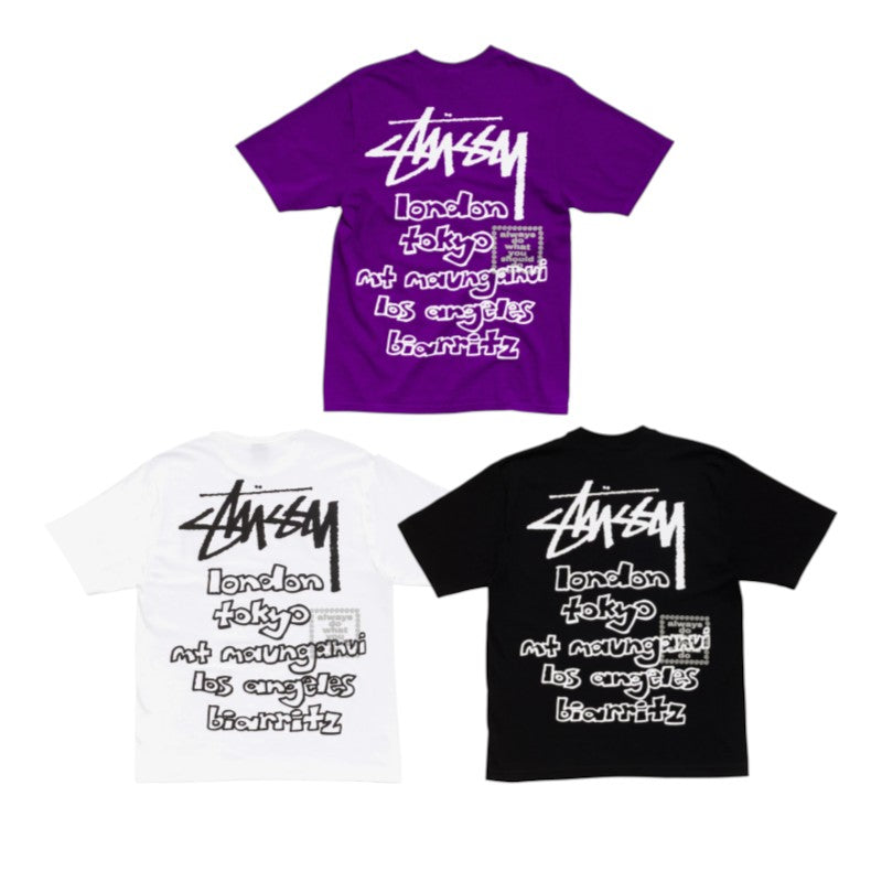Stussy x Always Do What You Should Do World Tour Tee in purple, white, and black, featuring city graphics and logo.