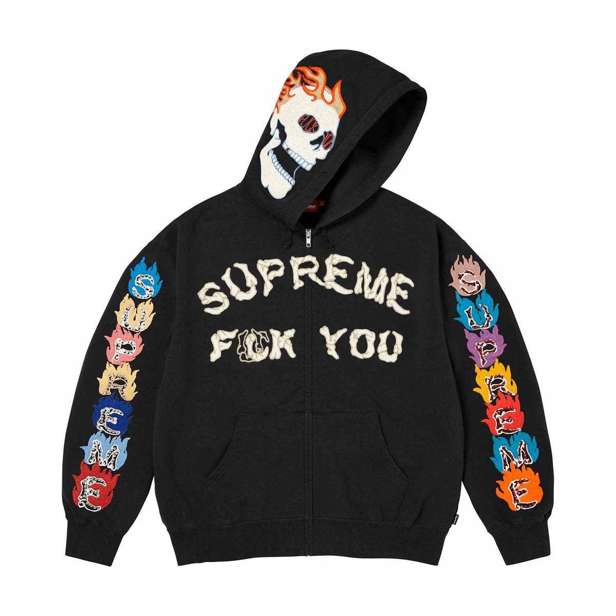 Supreme Fuck You Zip Up Hooded Sweatshirt in black with colorful graphics and skull design.