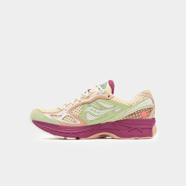Saucony x Stan Birch ProGrid Guide 7 sneaker in pastel colors with mesh detailing, side view.