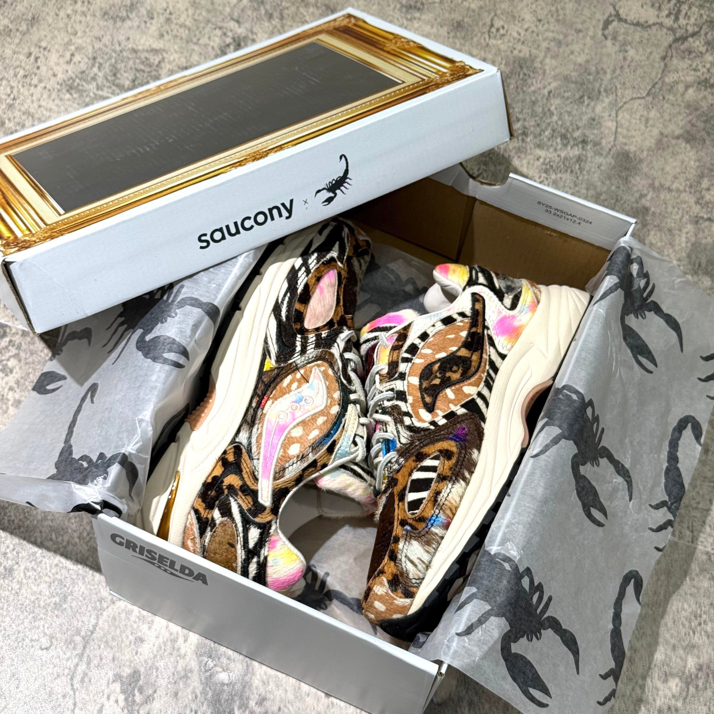 Saucony x Westside Gunn Grid Jazz 9 Awesome God sneakers in a stylish box with branded tissue paper. wear43way