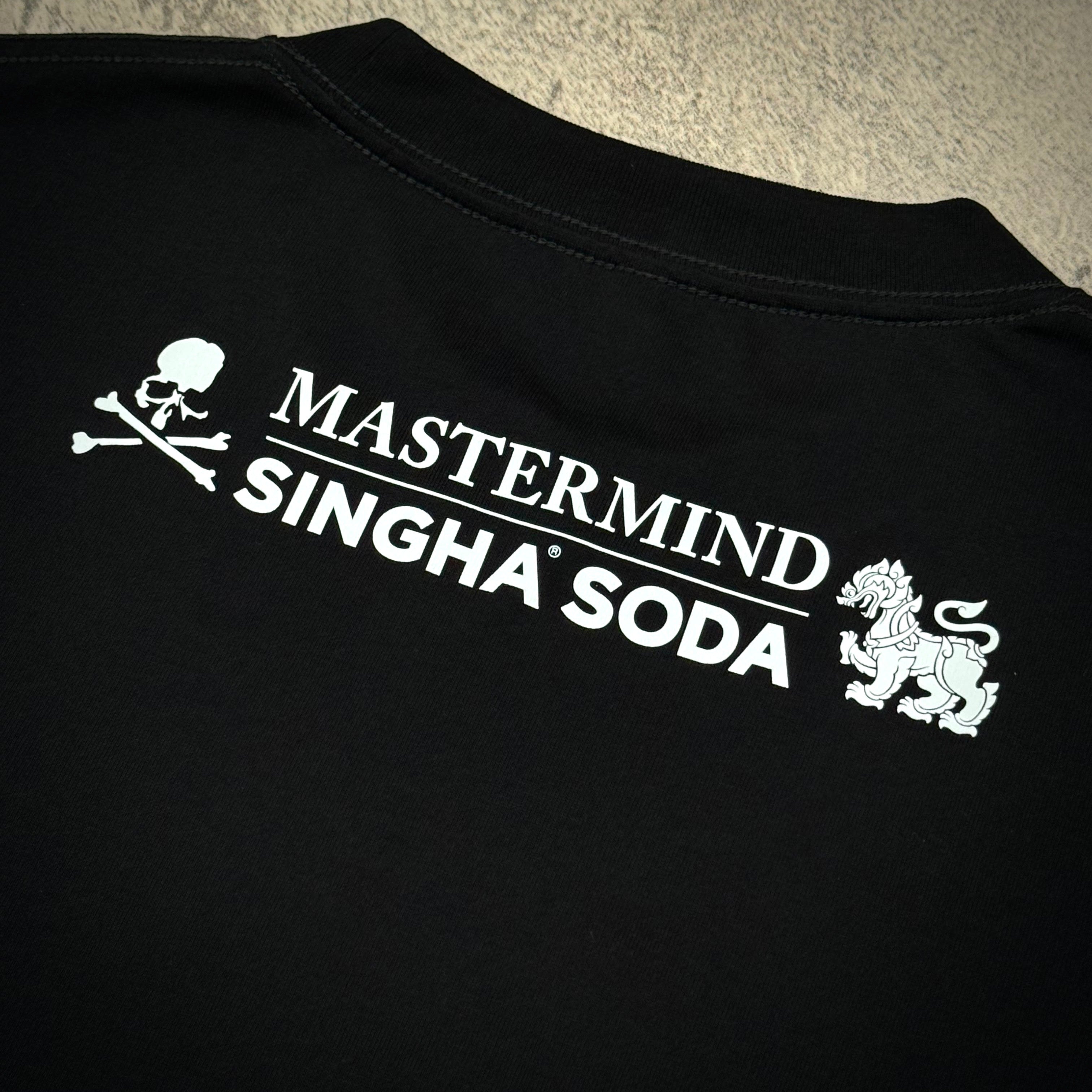 Back view of Singha Soda x Mastermind World SS Tee #1 featuring logo and design elements.