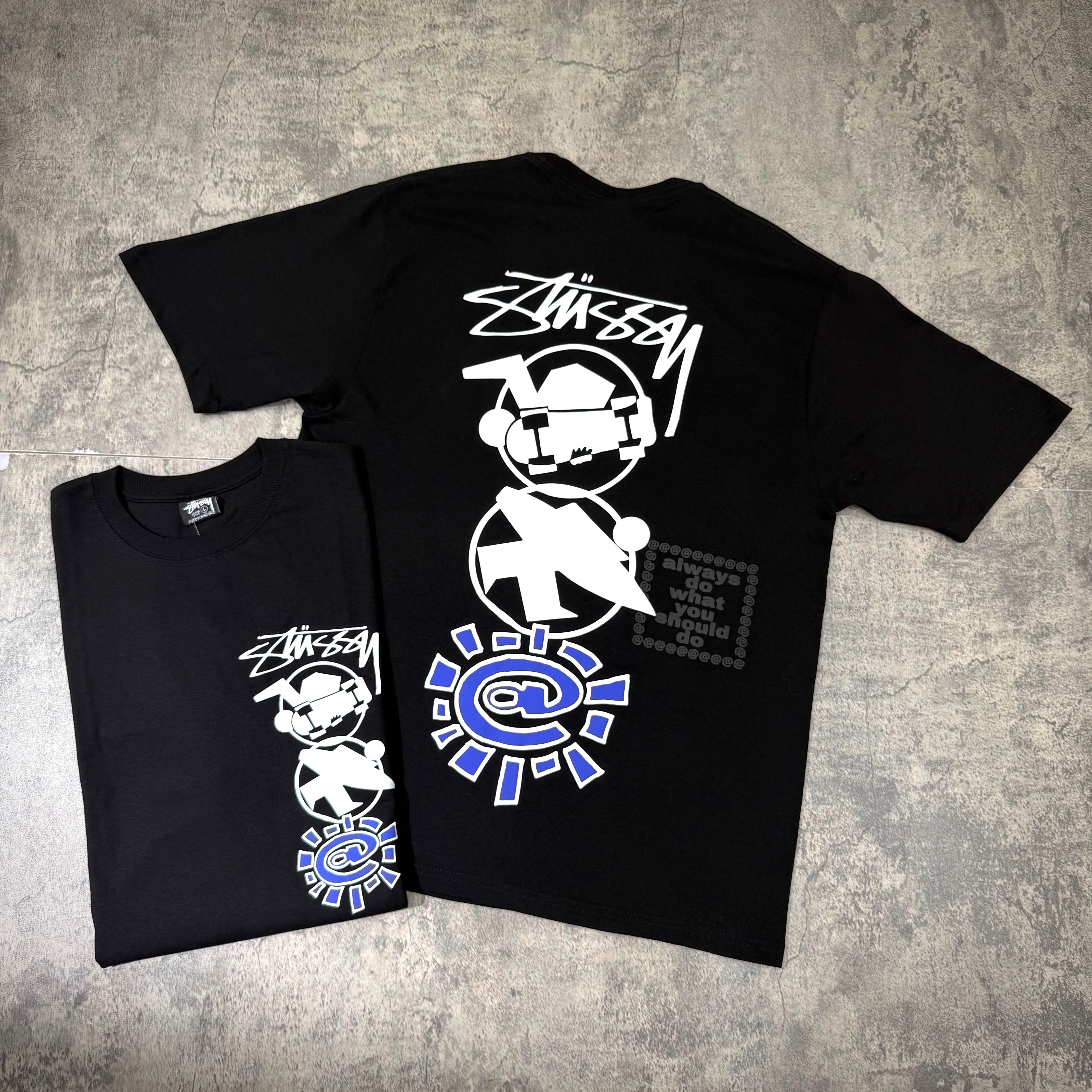 Stussy x Always Do What You Should Do Stack Tee, featuring a graphic design on a black background.