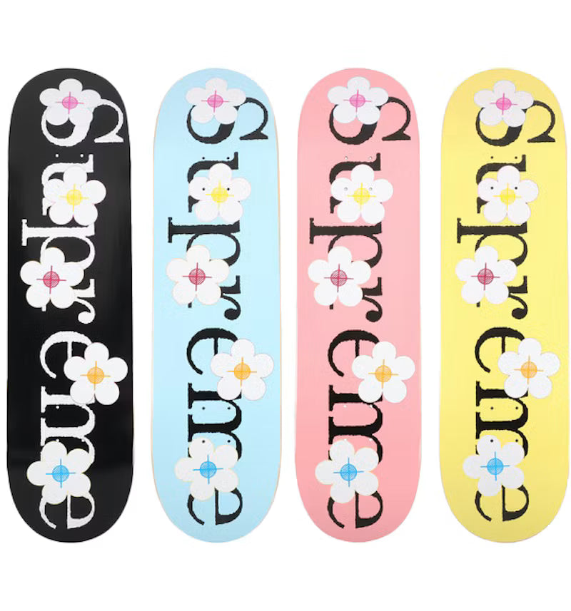 Supreme Flowers Skateboard Deck in four different colors with floral designs, showcasing the unique artwork and branding.