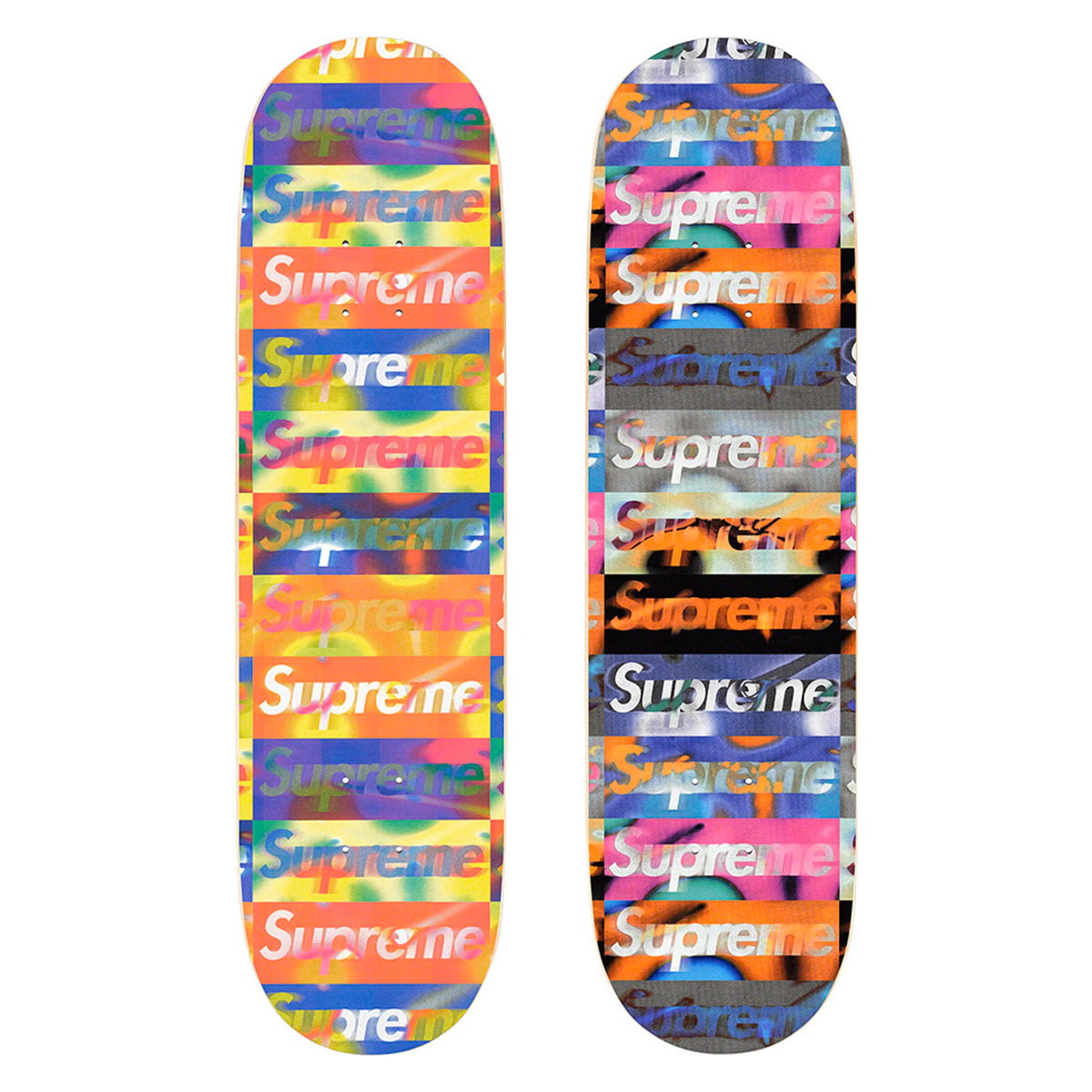 Supreme Distorted Logo Skateboard Deck featuring vibrant colors and glitch-art design.