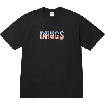 Supreme Drugs Tee featuring a black t-shirt with colorful 'DRUGS' graphic.