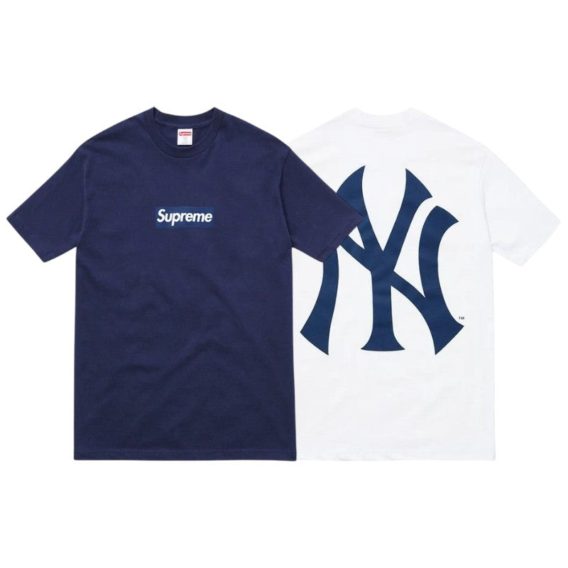 Supreme Yankee Box Logo Tee featuring navy front and white back with classic NY logo.