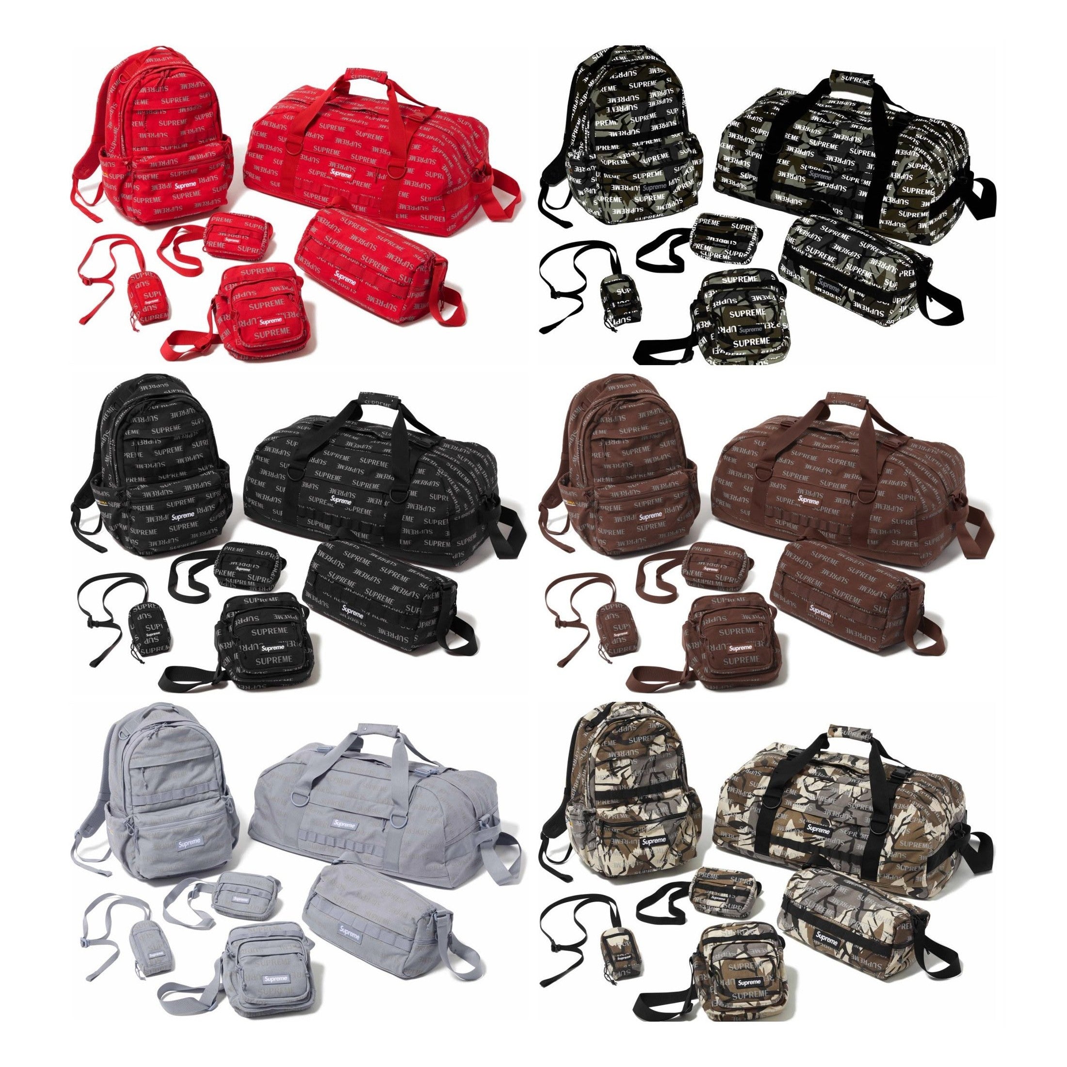Supreme Bag FW26 collection featuring various colors and styles, including red, black, brown, gray, and camo designs.