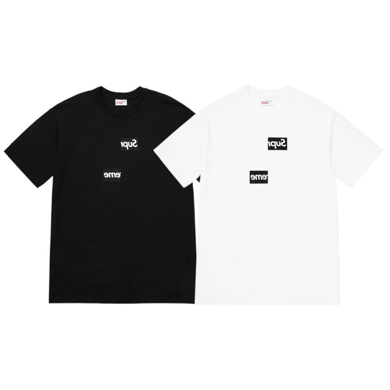 Supreme Comme des Garçons SHIRT Split Box Logo Tee in black and white colors.