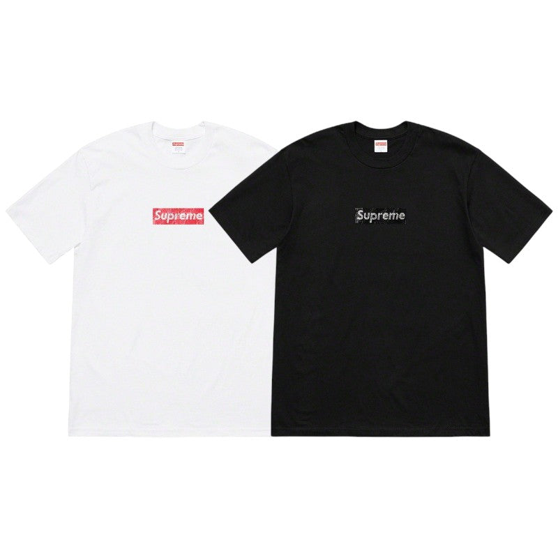 Supreme x Swarovski Box Logo Tee in white and black, featuring the iconic Supreme logo in bold colors.