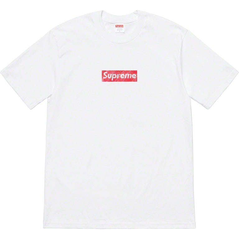 Supreme x Swarovski Box Logo Tee in white featuring iconic red box logo design.