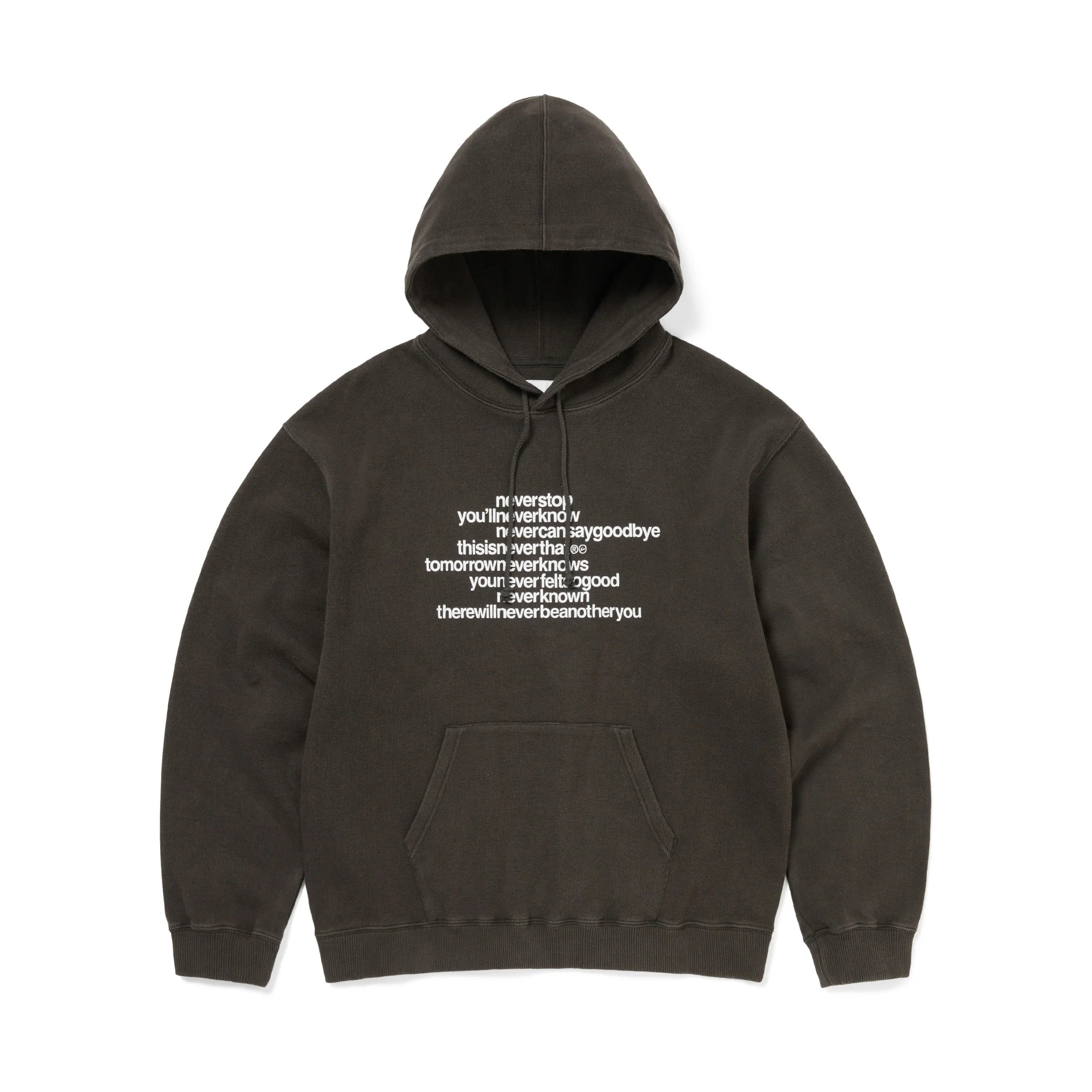 thisisneverthat x Fragment Design Hoodie in Off Black featuring bold white text design.