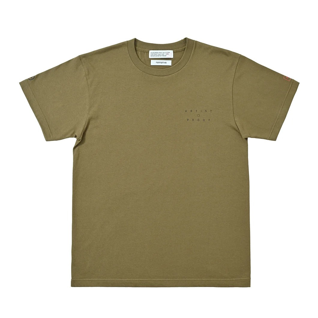 Artist Proof x Fragment x nonnative Innovaten Tee in olive green, showcasing a minimalist design and relaxed fit.