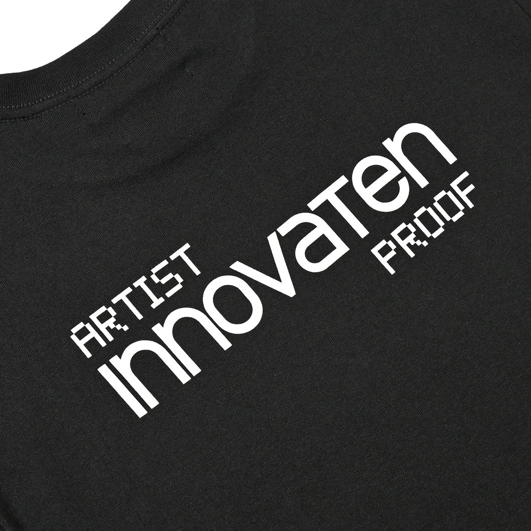 Artist Proof x Fragment x nonnative Innovaten Tee back design showcasing bold text on a black fabric.