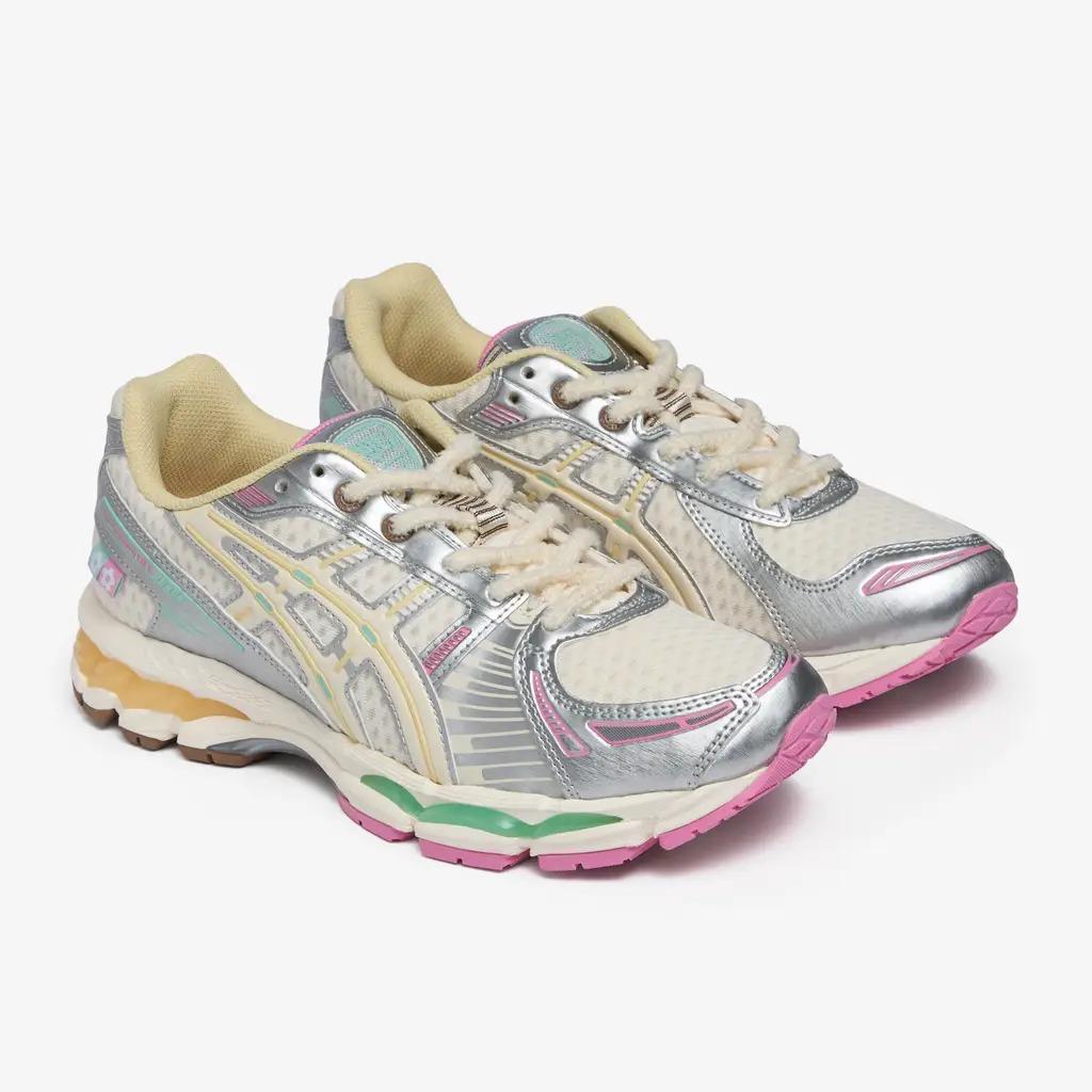 Vandy The Pink x Asics Gel-Kayano 12.1 - Antique White sneakers with silver and pastel accents.