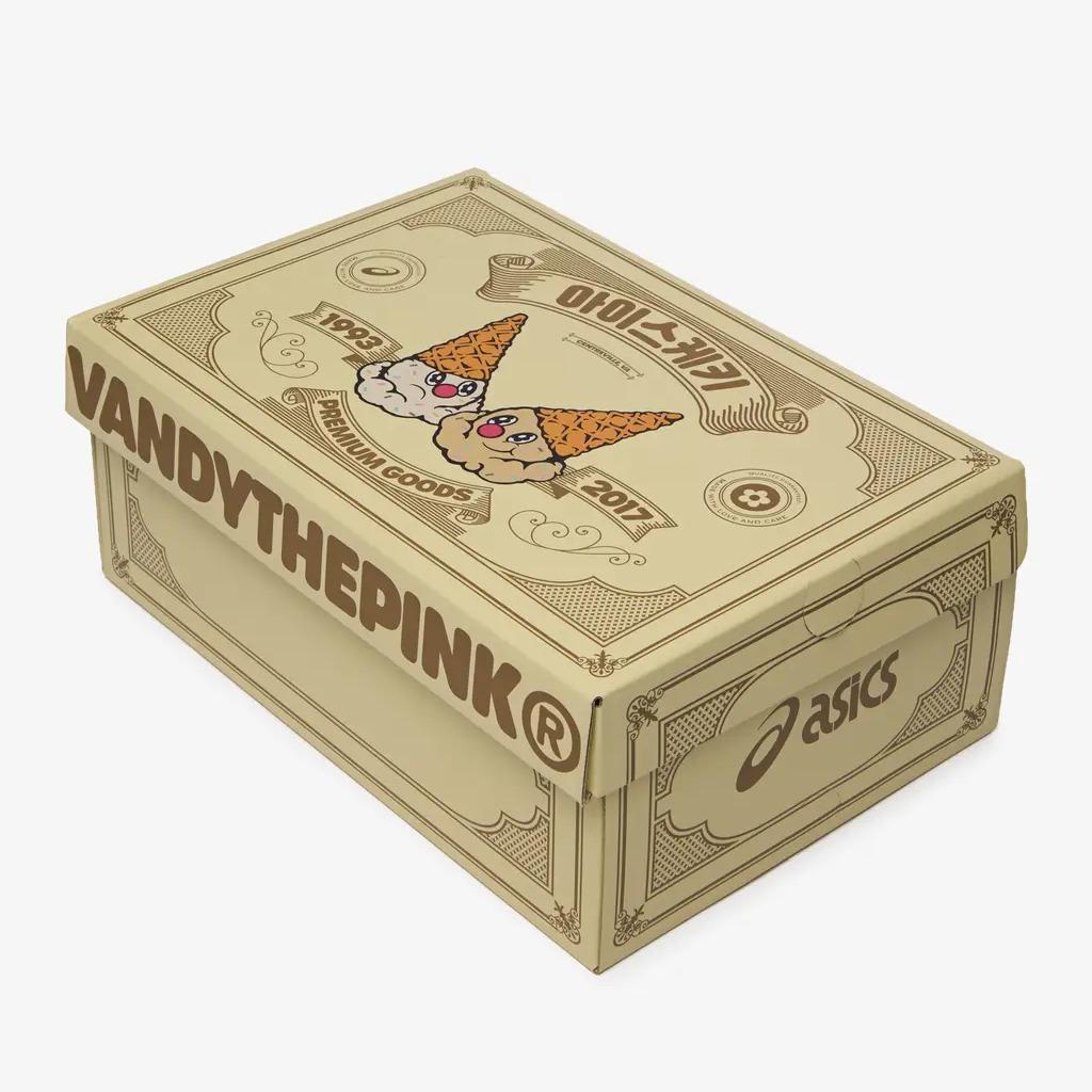 Vandy The Pink x Asics shoe box featuring playful ice cream cone illustrations and vintage design.