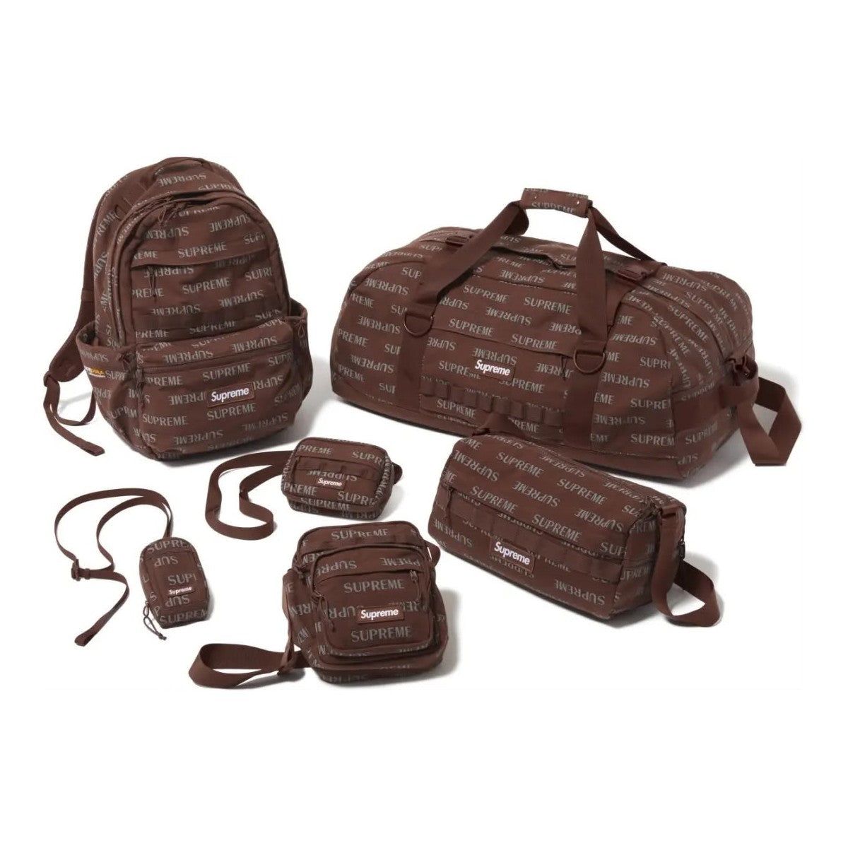 Supreme Bag FW26 collection featuring backpacks and duffel bags in brown with printed logo design.