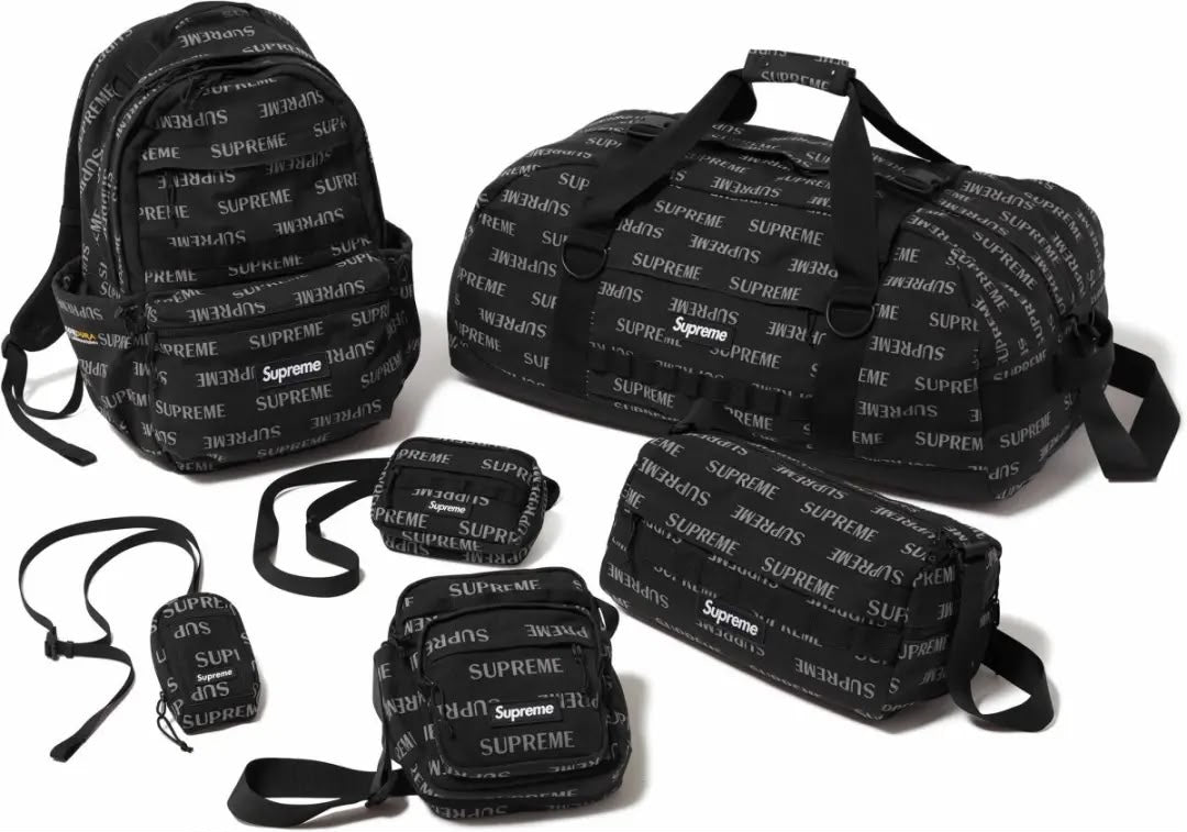Supreme Bag FW26 collection featuring multiple black bags with Supreme branding in various sizes.
